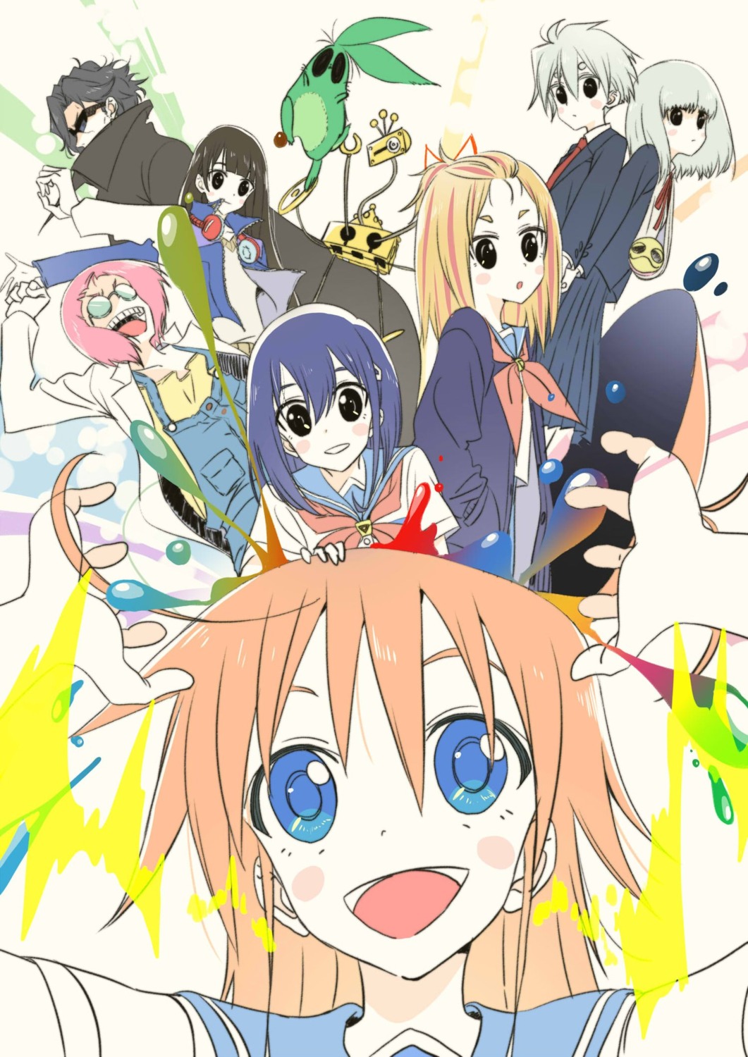 flip_flappers headphones hidaka kojima_takashi kokomine_cocona megane overalls papika salt_(flip_flappers) sayuri seifuku sweater toto_(flip_flappers) yayaka yuyu