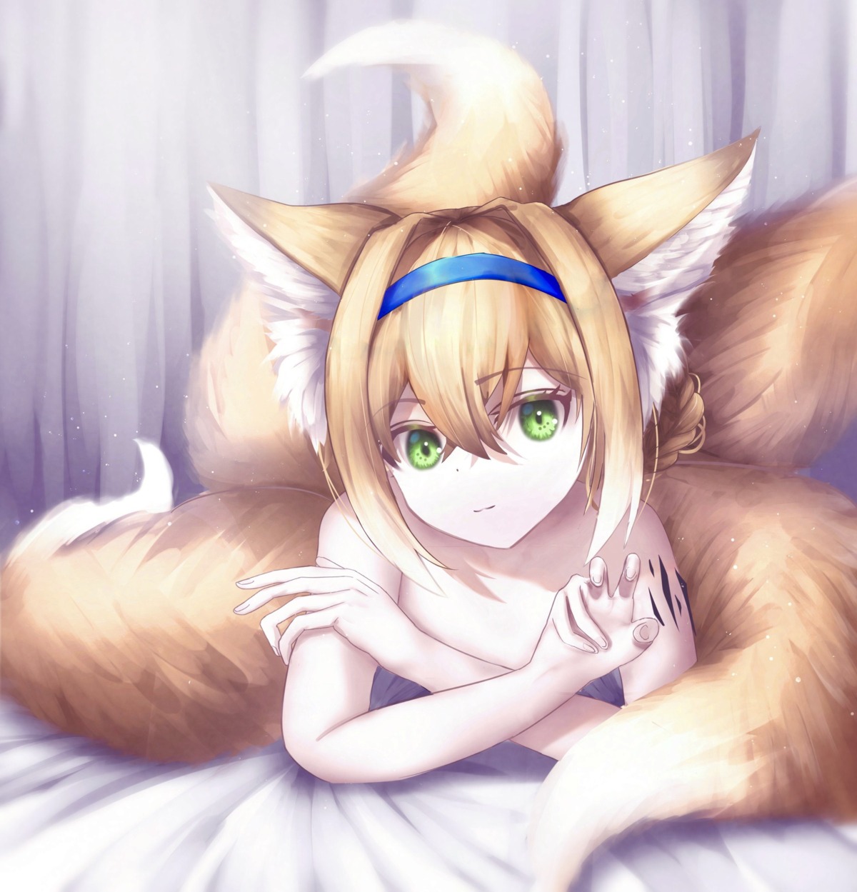 animal_ears arknights hainoki_huku kitsune loli naked suzuran_(arknights) tail