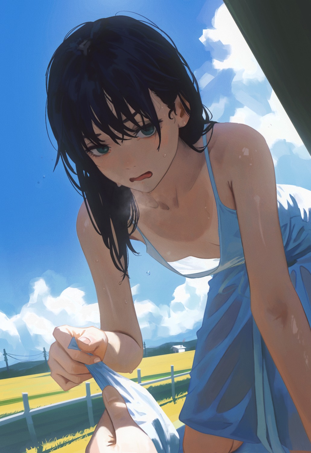 chainsaw_man dress mitaka_asa no_bra see_through summer_dress tan_lines wet wet_clothes yao_liao_wang