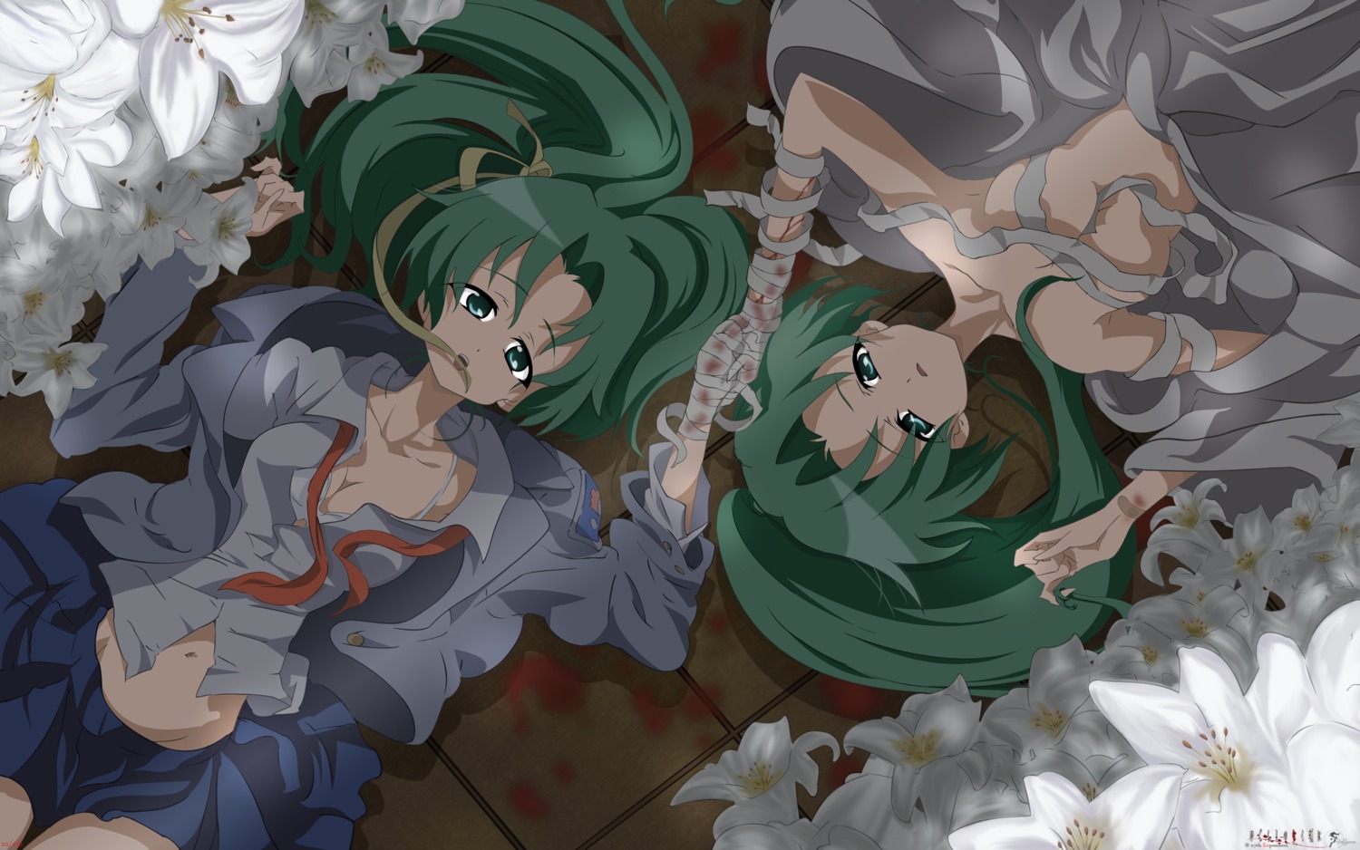 bandages bra cleavage higurashi_no_naku_koro_ni open_shirt sonozaki_mion sonozaki_shion topless