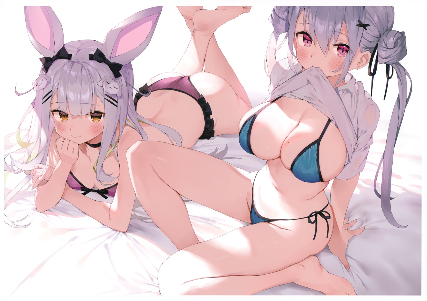 animal_ears bikini bunny_ears gaou_(matsulatte) himari_channel hourei_tenten indie_virtual_youtuber macaron_taitei mochizuki_himari shirt_lift swimsuits