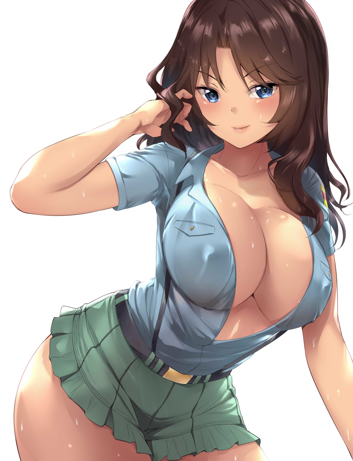 amasora_taichi dress_shirt el_(girls_und_panzer) erect_nipples girls_und_panzer no_bra open_shirt skirt_lift