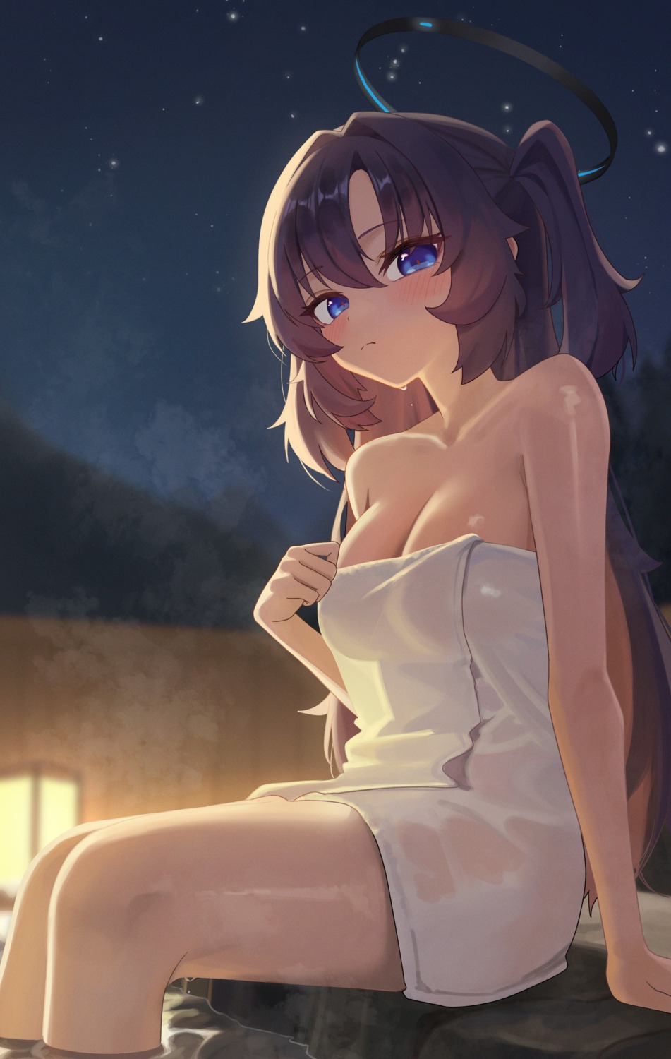 blue_archive halo hayase_yuuka mcbox onsen see_through towel wet