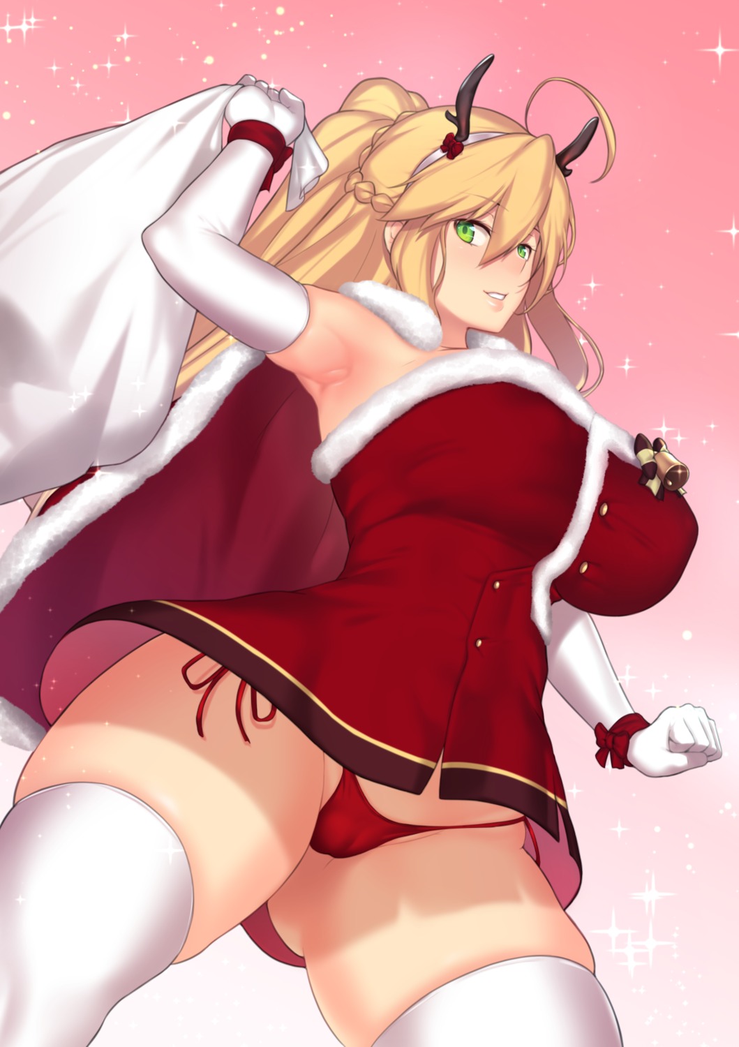 artoria_pendragon_(lancer) aster_crowley cameltoe christmas dress fate/grand_order horns pantsu skirt_lift string_panties thighhighs