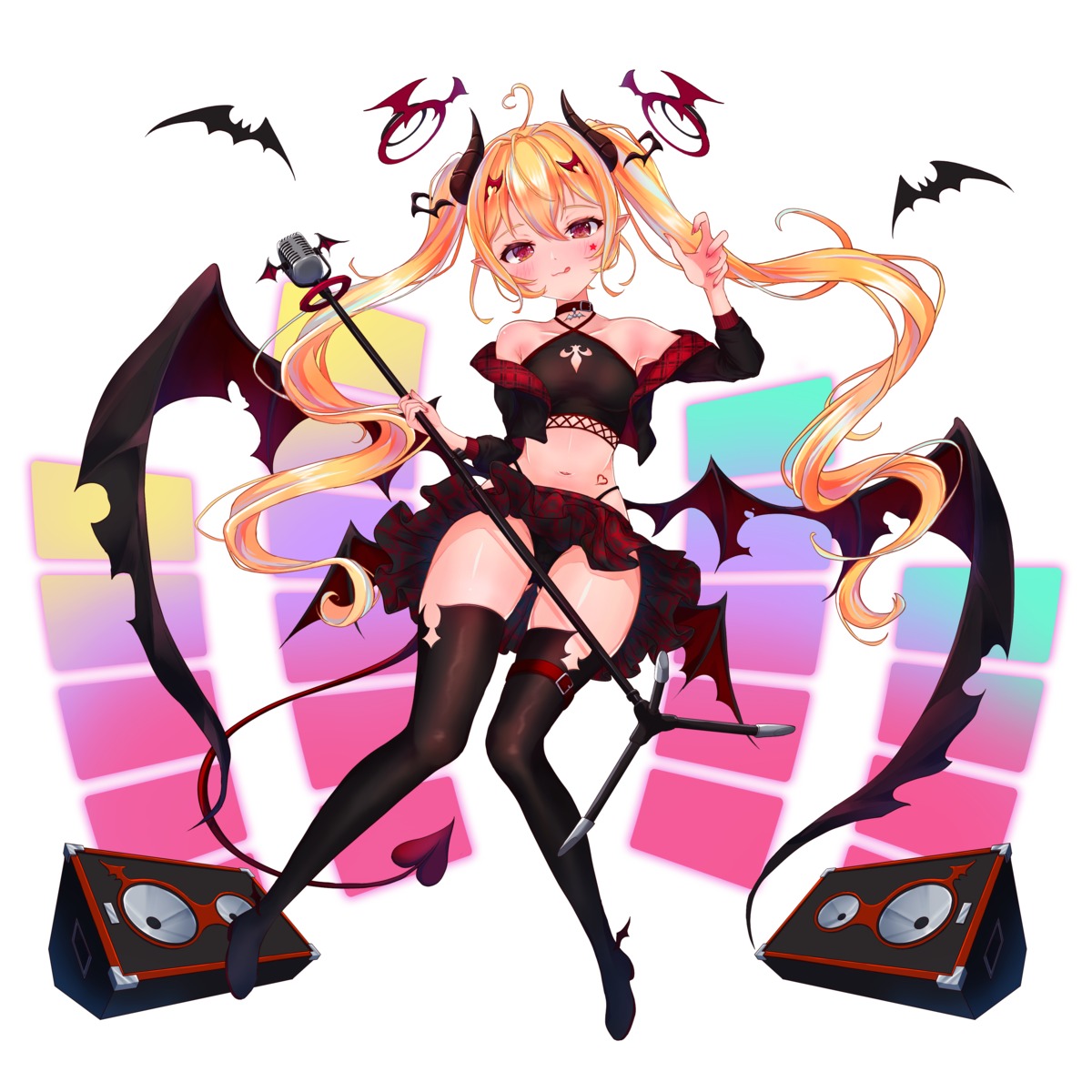 garter horns pani_(wpgns9536) pantsu pointy_ears skirt_lift tail tattoo thighhighs wings