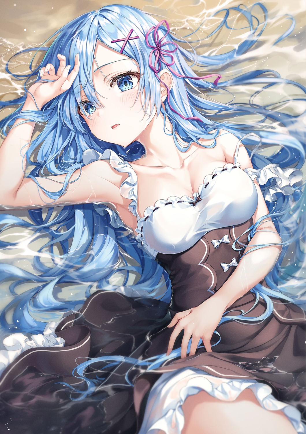 cleavage maid r_o_ha re_zero_kara_hajimeru_isekai_seikatsu rem_(re_zero) see_through skirt_lift wet wet_clothes