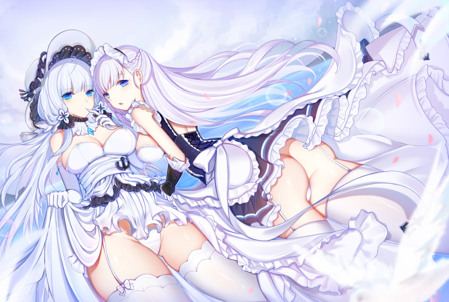 ass azur_lane belfast_(azur_lane) cleavage dress illustrious_(azur_lane) isy maid pantsu skirt_lift stockings thighhighs thong