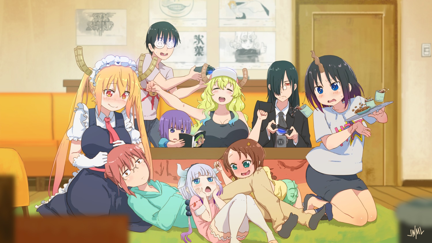 cleavage elma_(maidragon) fafnir_(maidragon) horns kanna_kamui kobayashi-san_chi_no_maidragon kobayashi_(maidragon) magatsuchi_shouta maid megane pantyhose quetzalcoatl_(maidragon) saikawa_riko steamy_tomato thighhighs tooru_(maidragon)