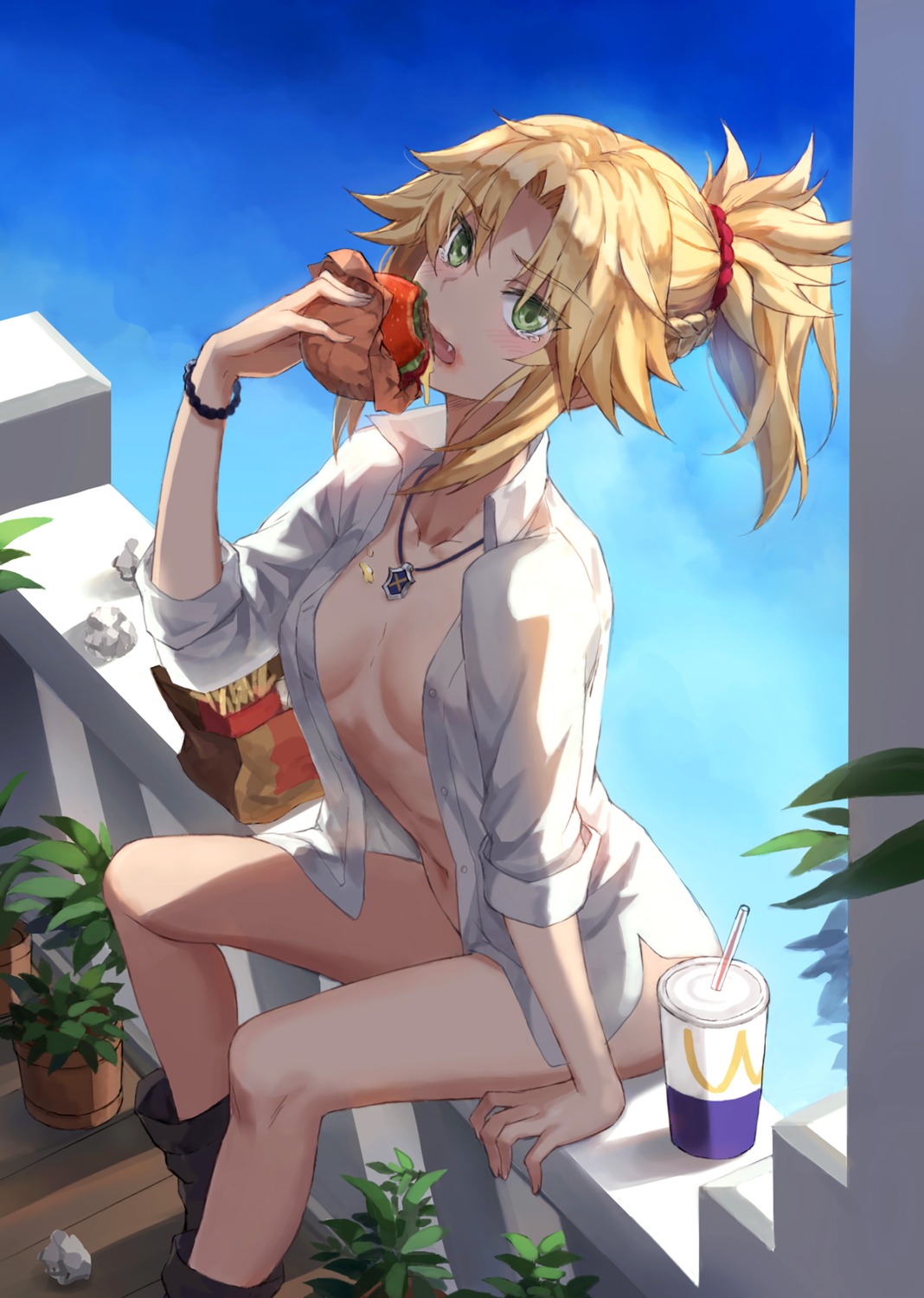bottomless cleavage dress_shirt fate/apocrypha fate/stay_night mordred_(fate) no_bra open_shirt tonee