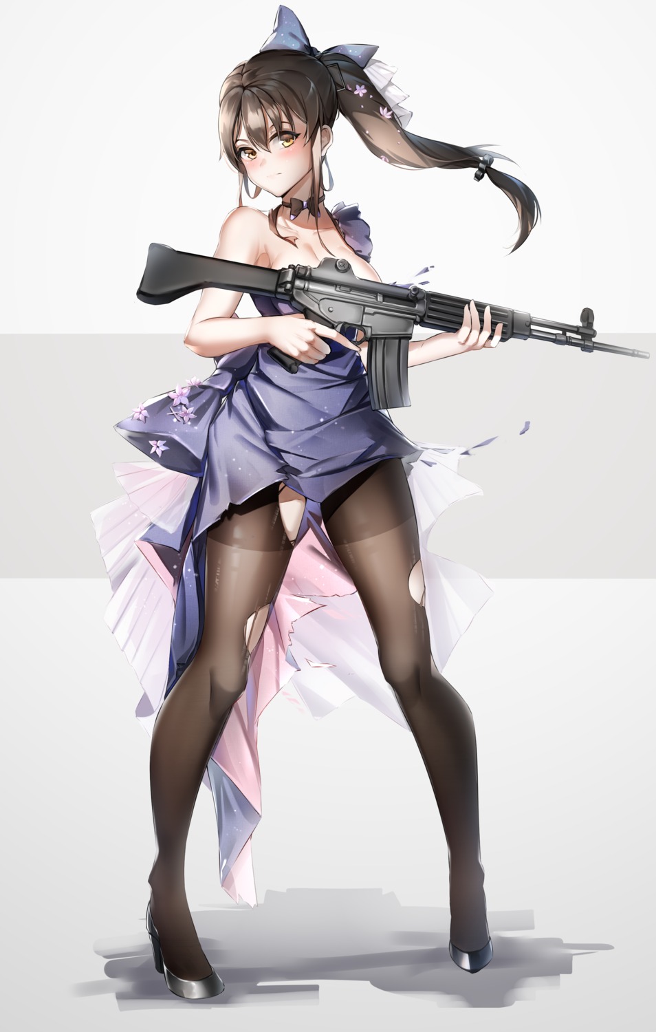 dress girls_frontline gun heels k-2_(girls_frontline) lubikaya1 no_bra pantyhose torn_clothes