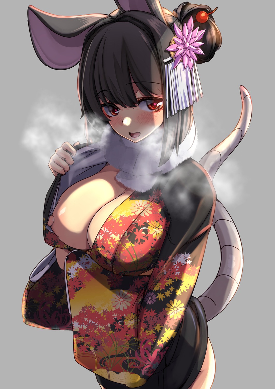 animal_ears breasts kimono nazrin nipples no_bra open_shirt tail touhou undressing yukito_(dreamrider)