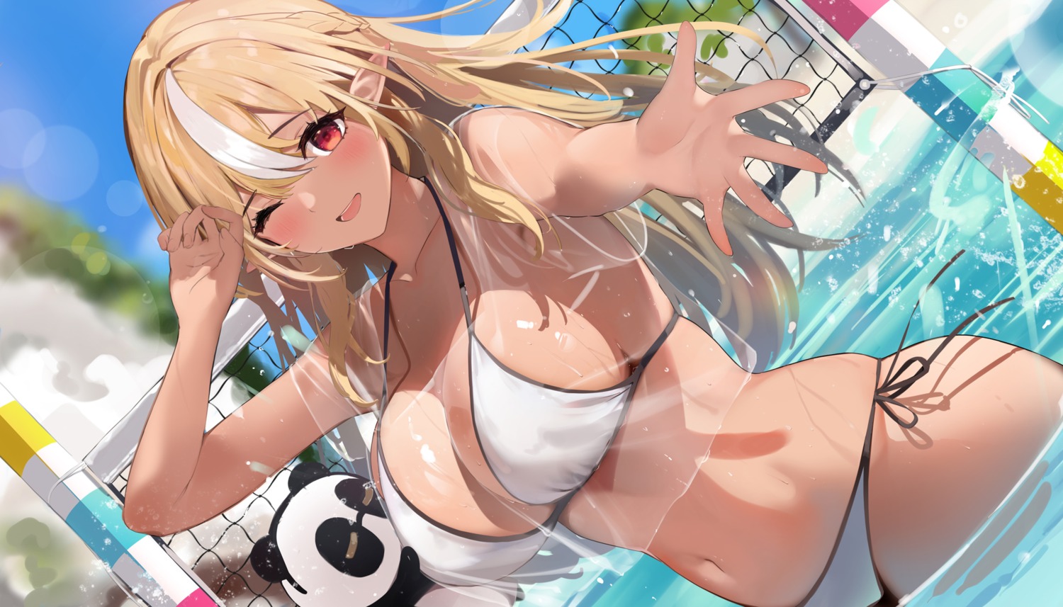 bikini elf hololive niii_(memstapak) pointy_ears see_through shiranui_flare swimsuits wet