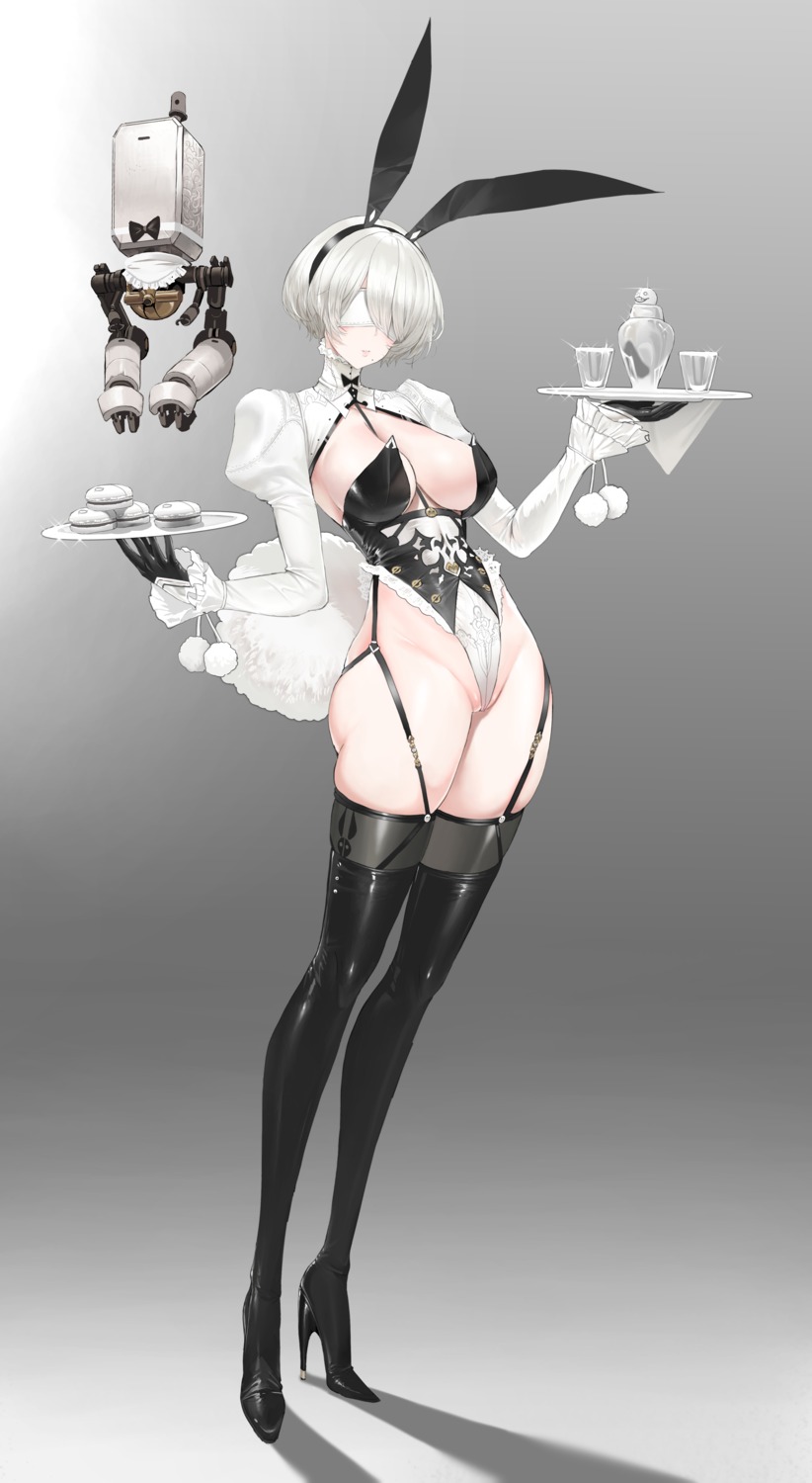 animal_ears bunny_ears bunny_girl dishwasher1910 heels nier nier_automata no_bra stockings tail thighhighs waitress yorha_no.2_type_b