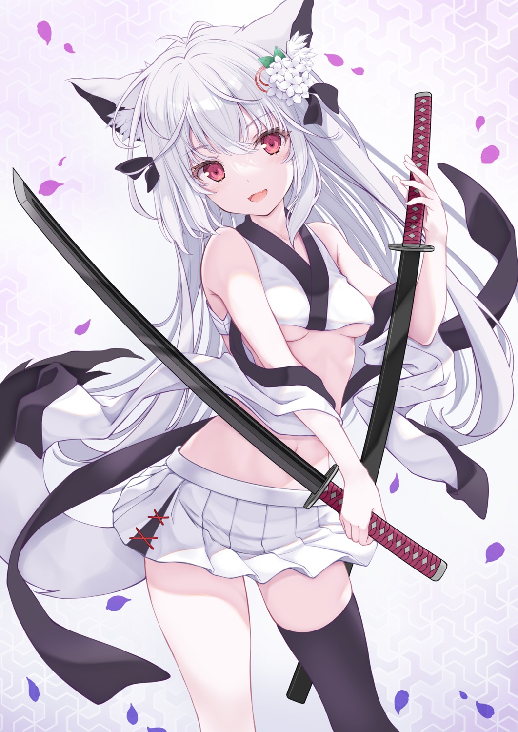 animal_ears japanese_clothes no_bra sword tail tenmu_shinryuusai thighhighs underboob