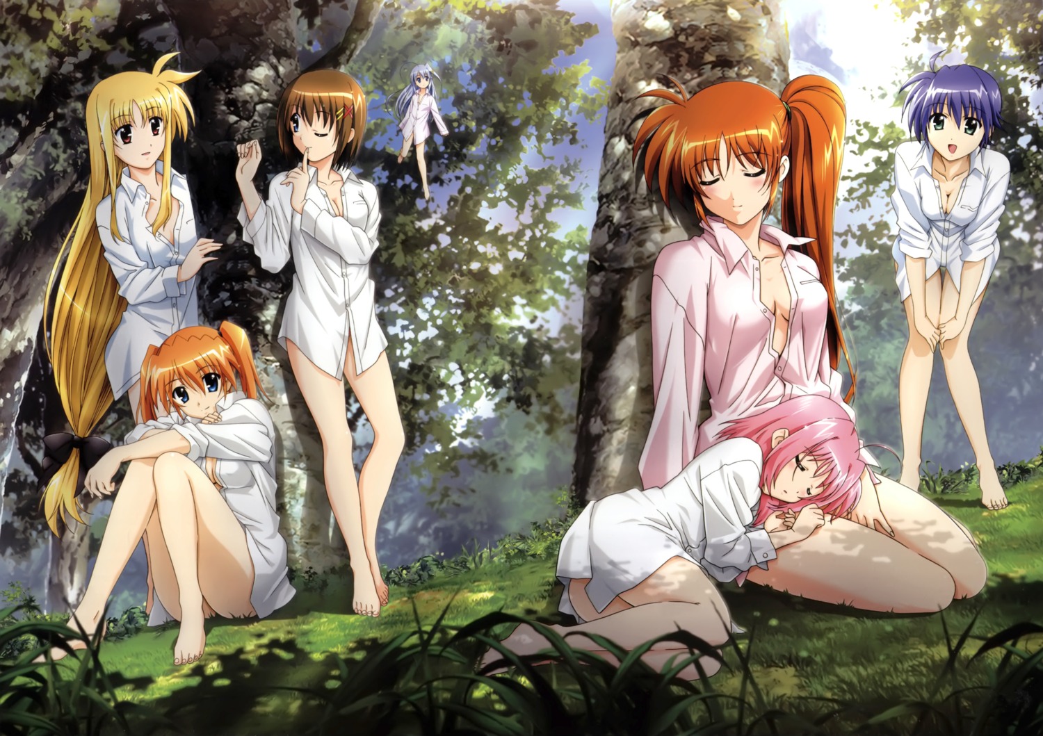 bottomless caro_ru_lushe cleavage dress_shirt fate_testarossa mahou_shoujo_lyrical_nanoha mahou_shoujo_lyrical_nanoha_strikers no_bra okuda_yasuhiro reinforce_zwei subaru_nakajima takamachi_nanoha teana_lanster yagami_hayate