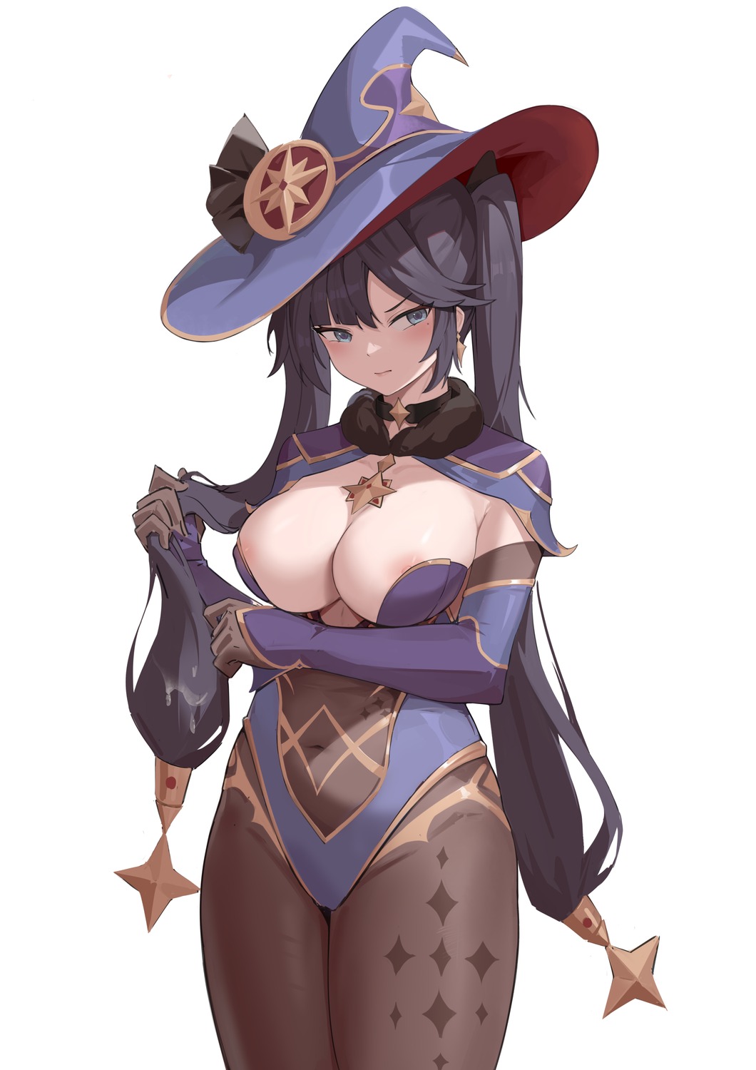 areola genshin_impact ke'ai_qu_qu leotard mona_megistus nipple_slip no_bra pantyhose wardrobe_malfunction witch