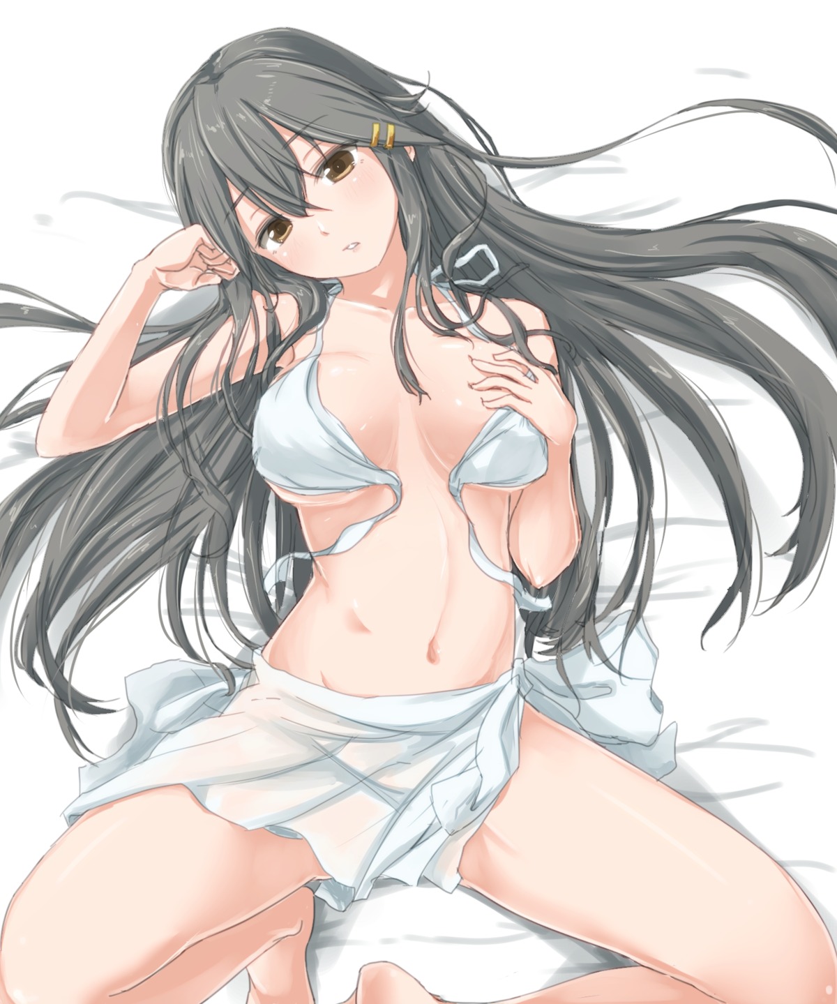 ame-rain bikini_top breast_hold haruna_(kancolle) kantai_collection swimsuits wardrobe_malfunction