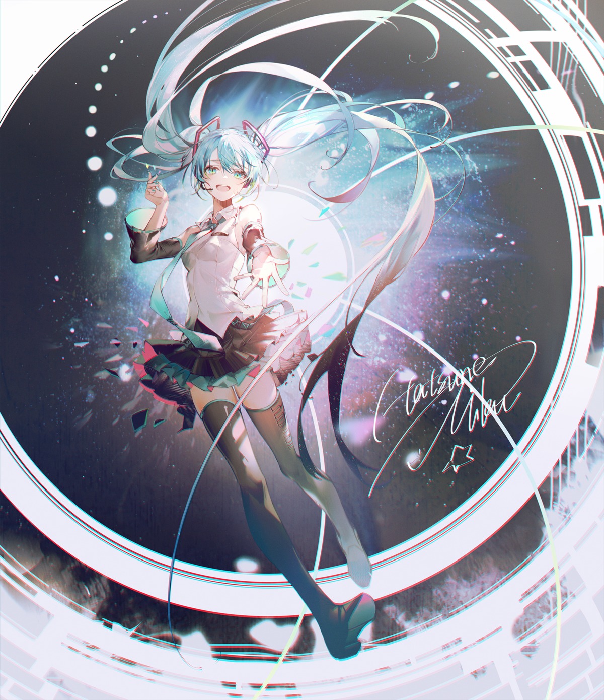 bai_qi-qsr hatsune_miku headphones skirt_lift thighhighs vocaloid