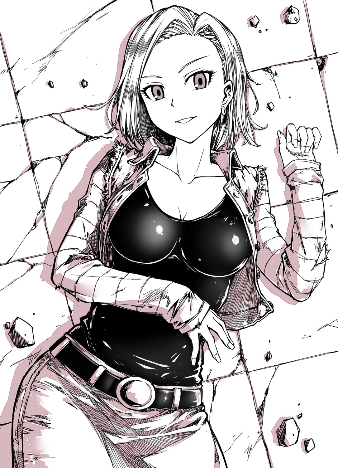 android_18 bandages cleavage dragon_ball dragon_ball_z fish.boy monochrome