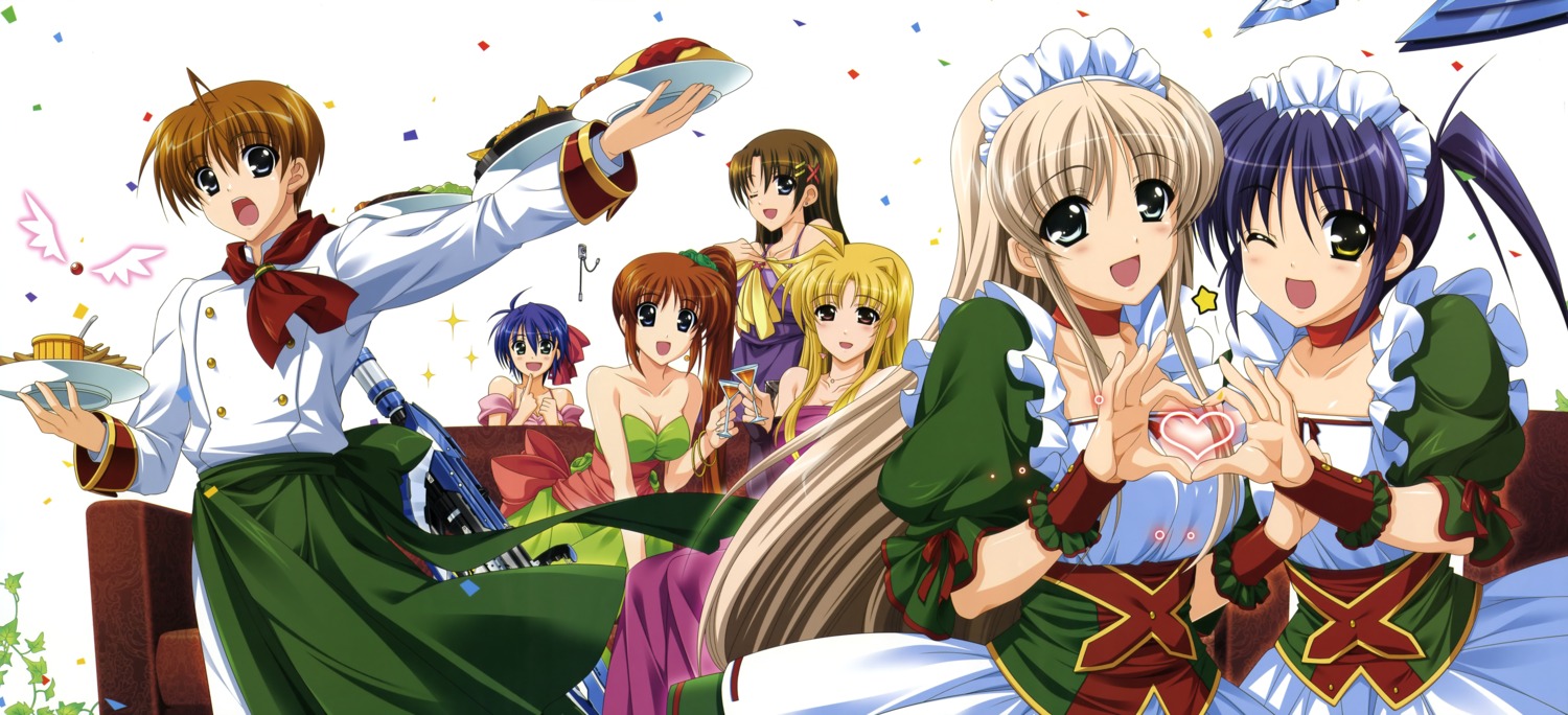 cleavage dress fate_testarossa higa_yukari isis_eaglet lily_strosek mahou_senki_lyrical_nanoha_force mahou_shoujo_lyrical_nanoha subaru_nakajima takamachi_nanoha tohma_avenir waitress yagami_hayate