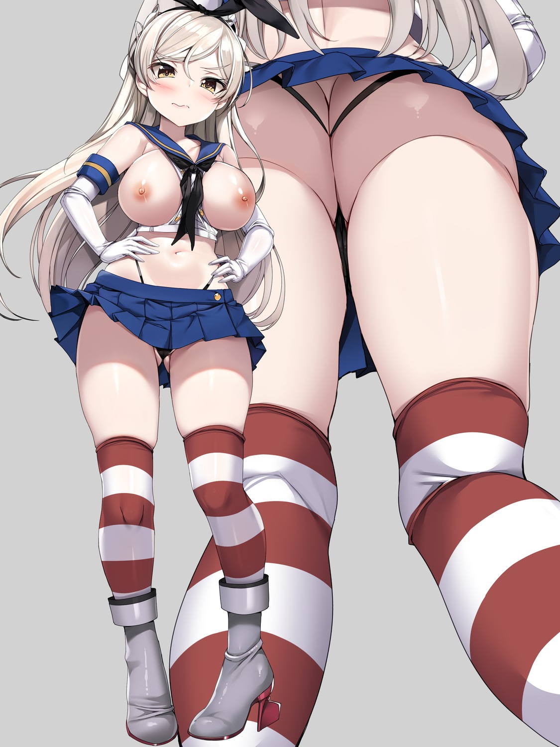 ass conte_di_cavour_(kancolle) cosplay heels kantai_collection nipples no_bra shimakaze_(kancolle) skirt_lift thighhighs thong torisan