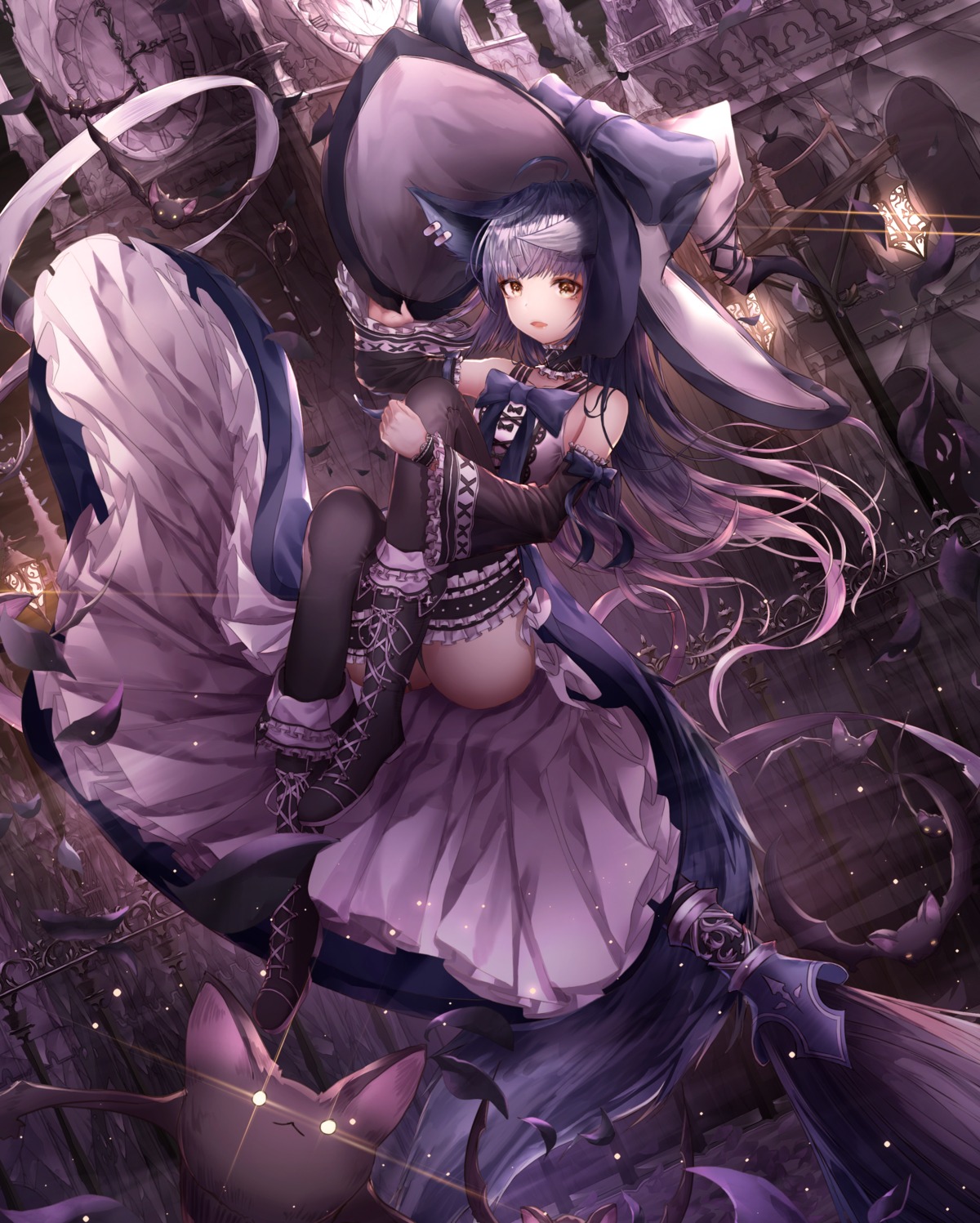 animal_ears dress gothic_lolita kitsune lolita_fashion momingie skirt_lift tail thighhighs witch