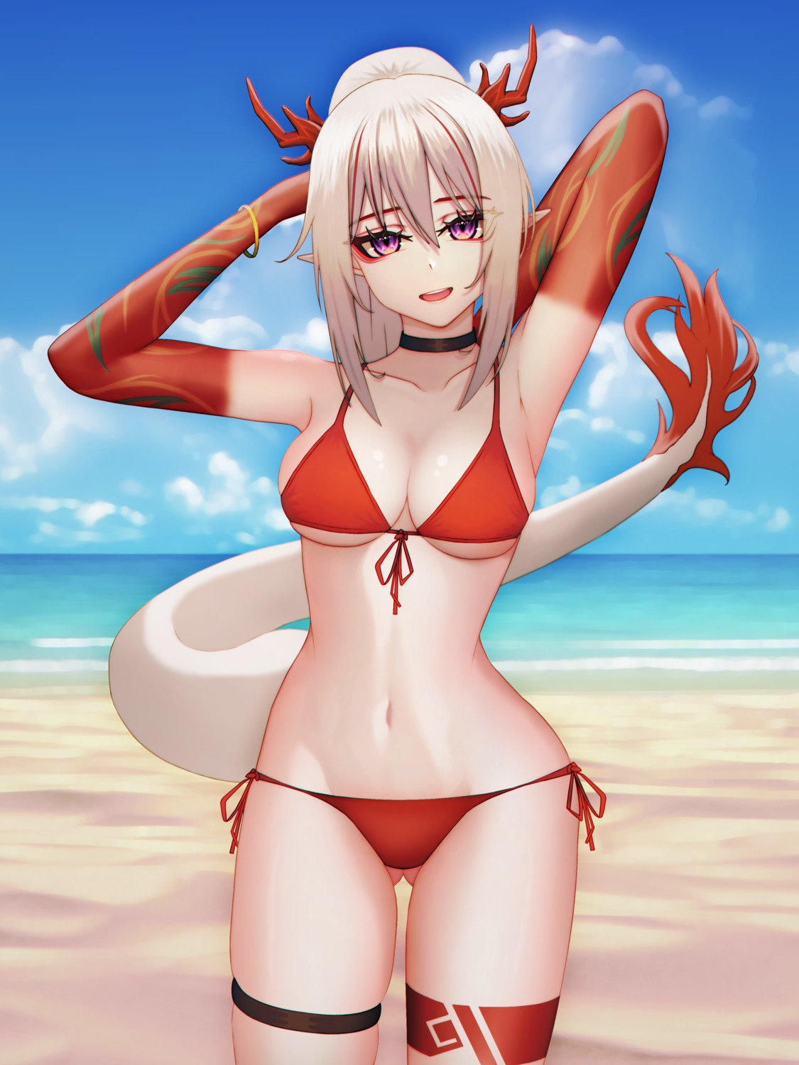 absurd_fox arknights bikini garter horns nian_(arknights) pointy_ears swimsuits tail tattoo