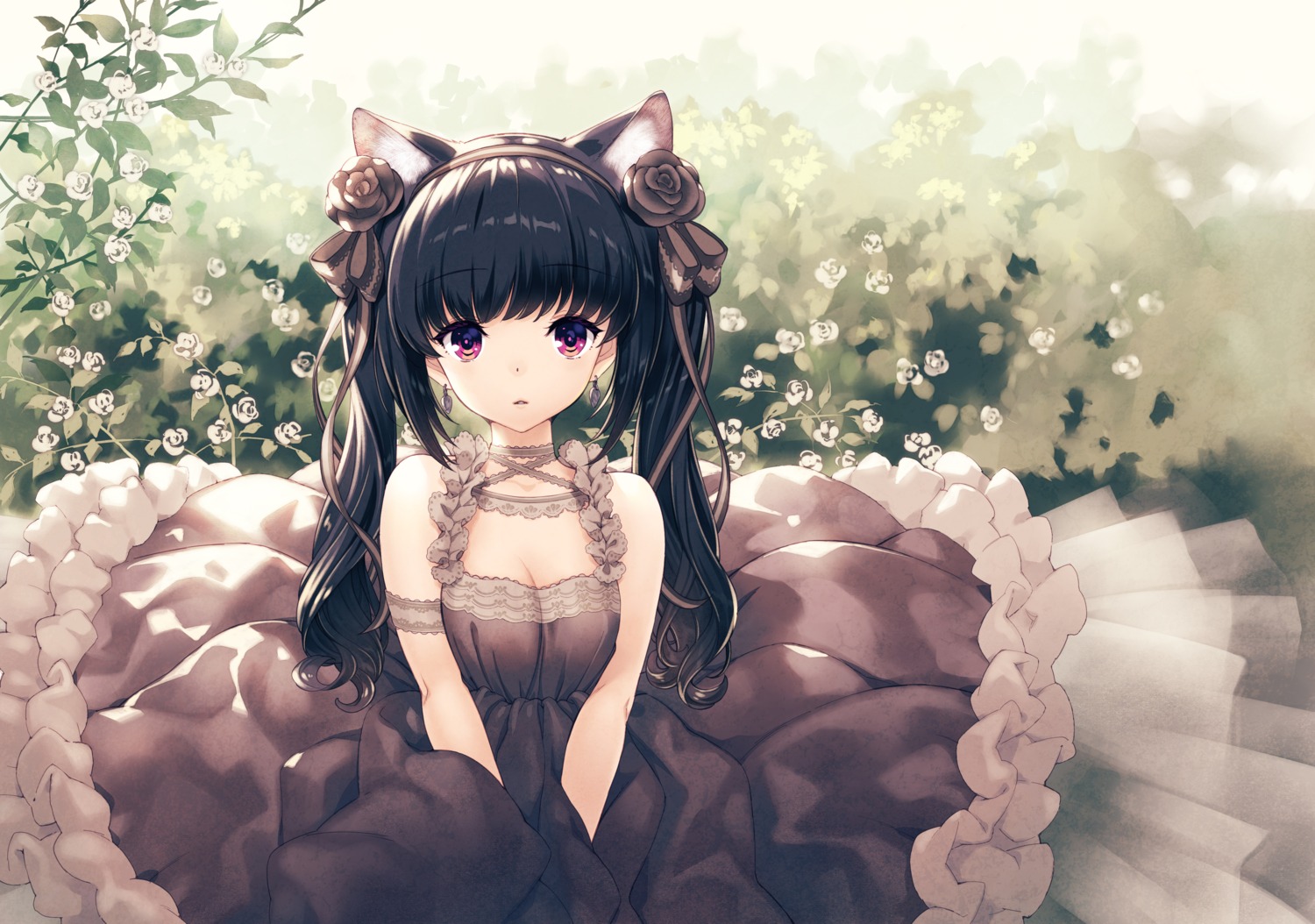 animal_ears cleavage dress hirano_katsuyuki nekomimi skirt_lift