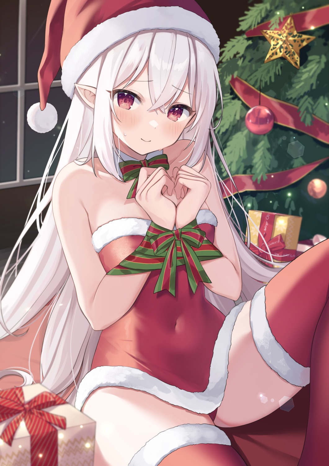 bondage christmas dress no_bra okiq pantsu pointy_ears skirt_lift thighhighs