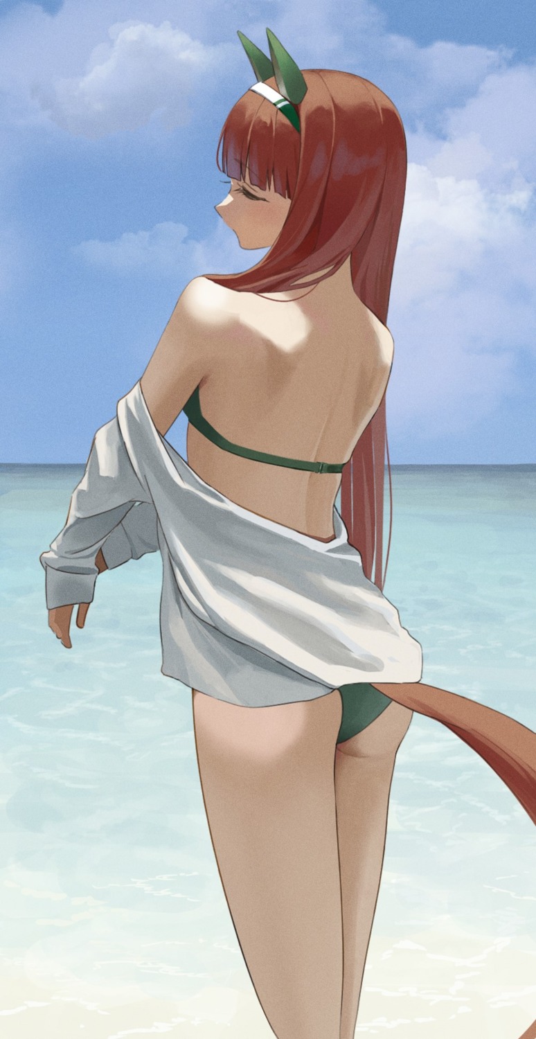 animal_ears ass bikini hoshinopurin open_shirt silence_suzuka_(umamusume) swimsuits tail uma_musume_pretty_derby