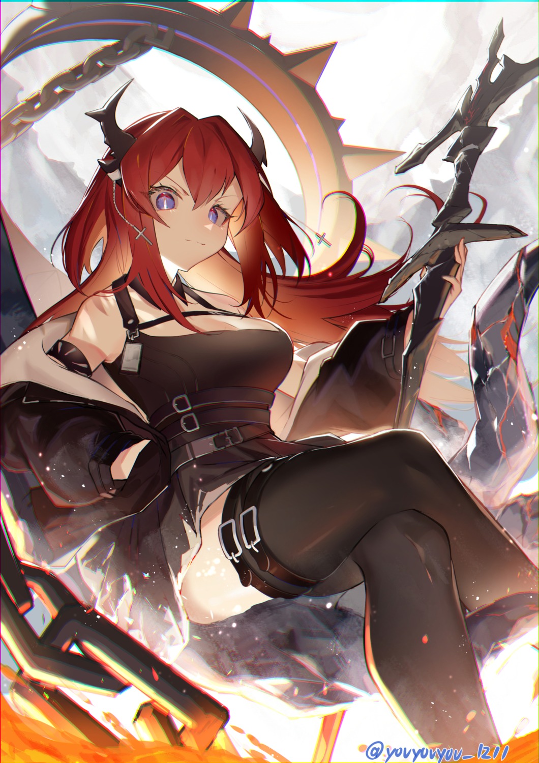 arknights garter horns skirt_lift surtr_(arknights) tail thighhighs weapon youyouyou_1211