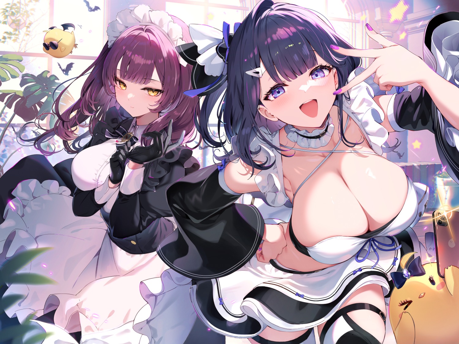 azur_lane detexted devonshire_(azur_lane) garter kat_(bu-kunn) liverpool_(azur_lane) maid manjuu_(azur_lane) megane no_bra selfie skirt_lift thighhighs wallpaper wings