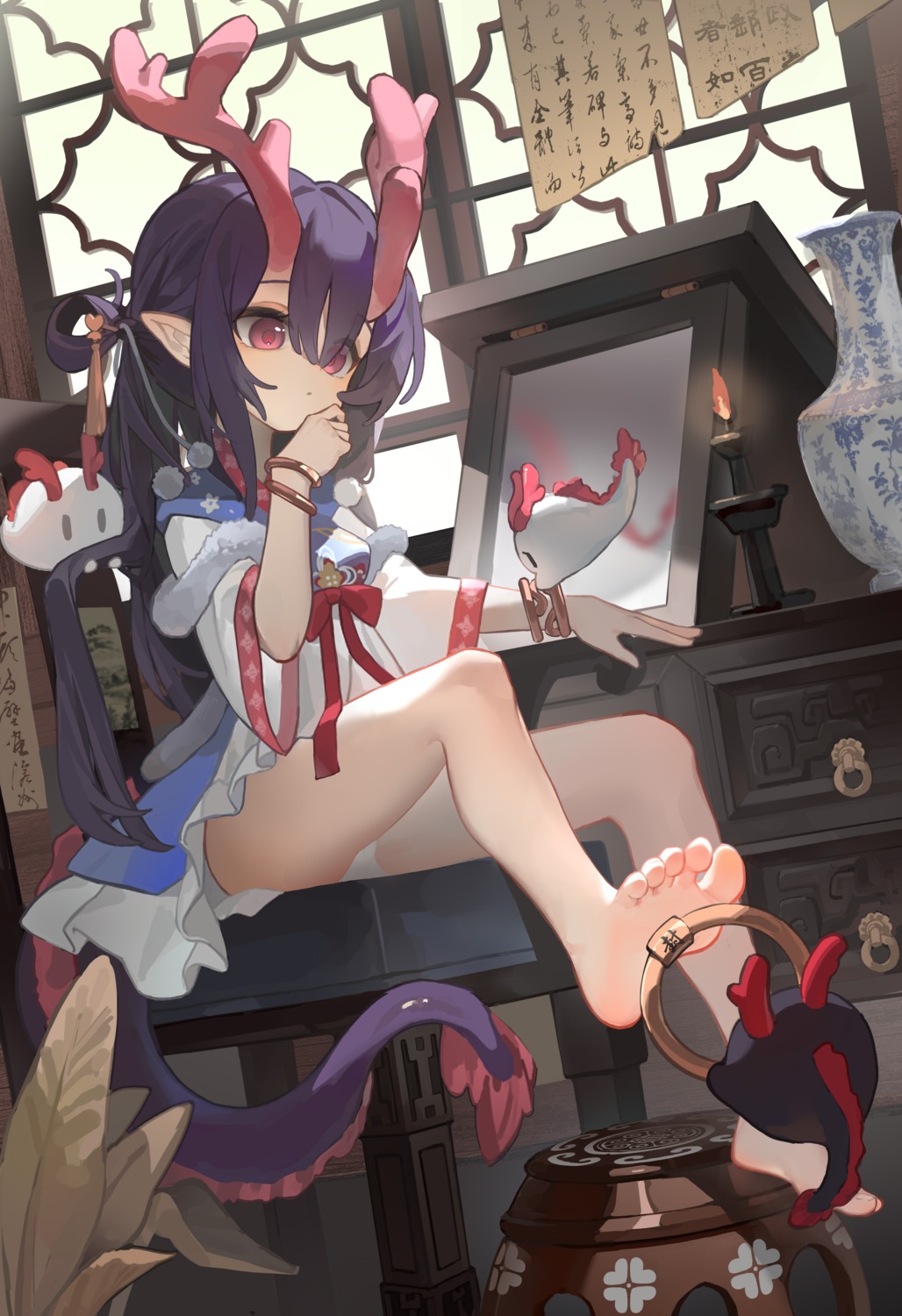 asian_clothes feet horns kele_mimi loli pantsu pointy_ears skirt_lift tail