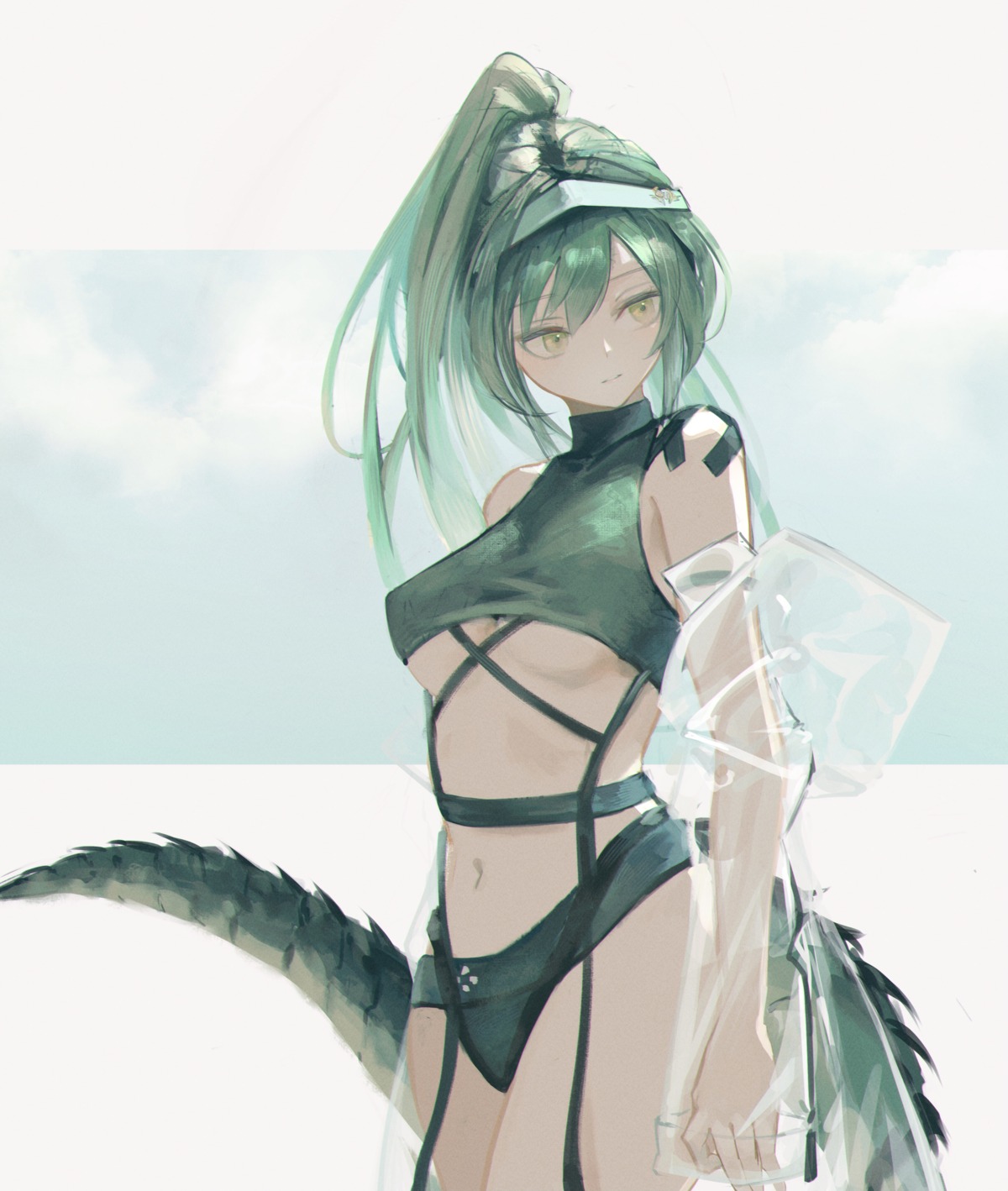 7ife arknights erect_nipples gavial_(arknights) no_bra pantsu see_through tail