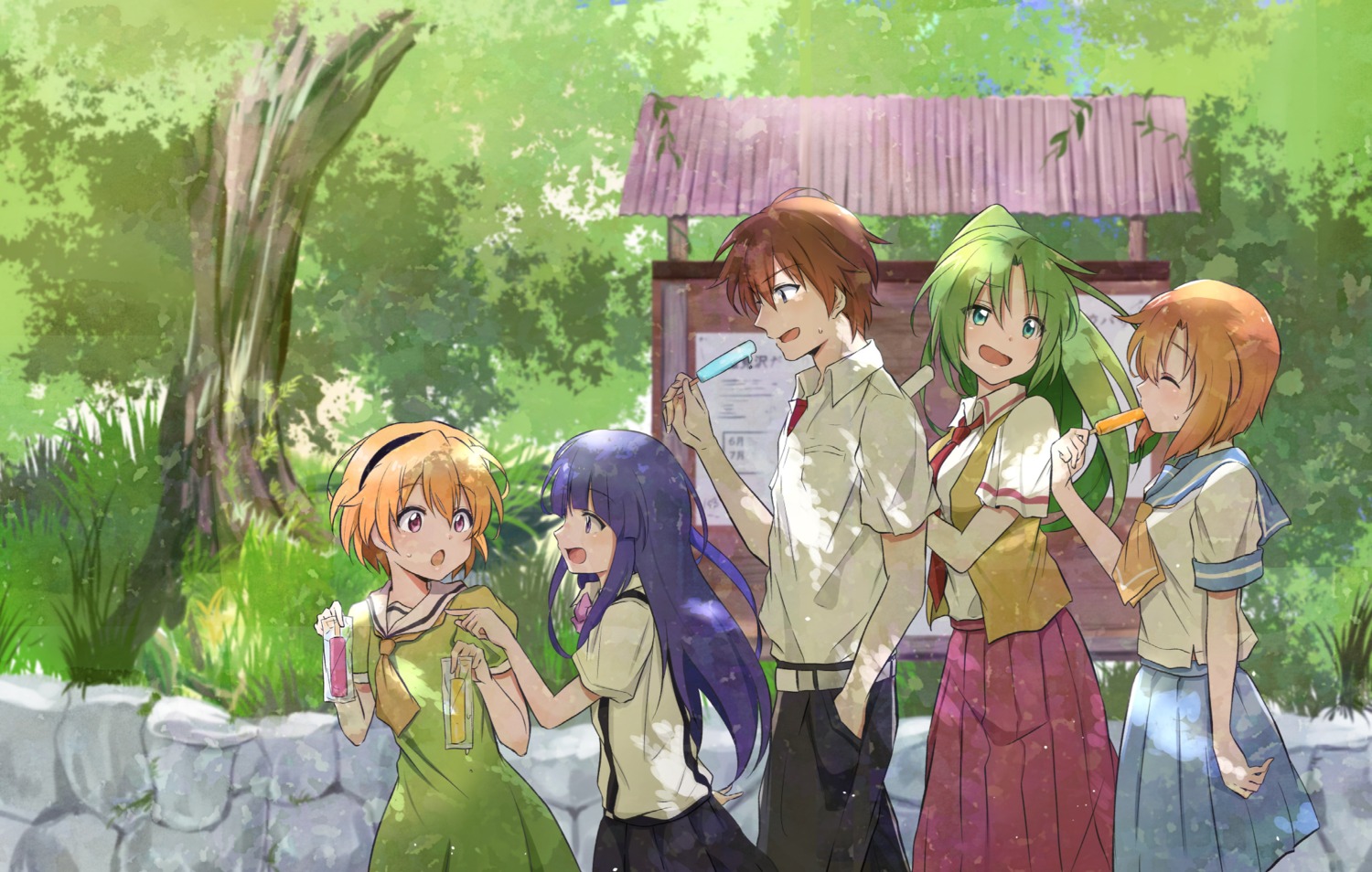 dress furude_rika higurashi_no_naku_koro_ni houjou_satoko maebara_keiichi ryuuguu_rena seifuku shosudo sonozaki_mion