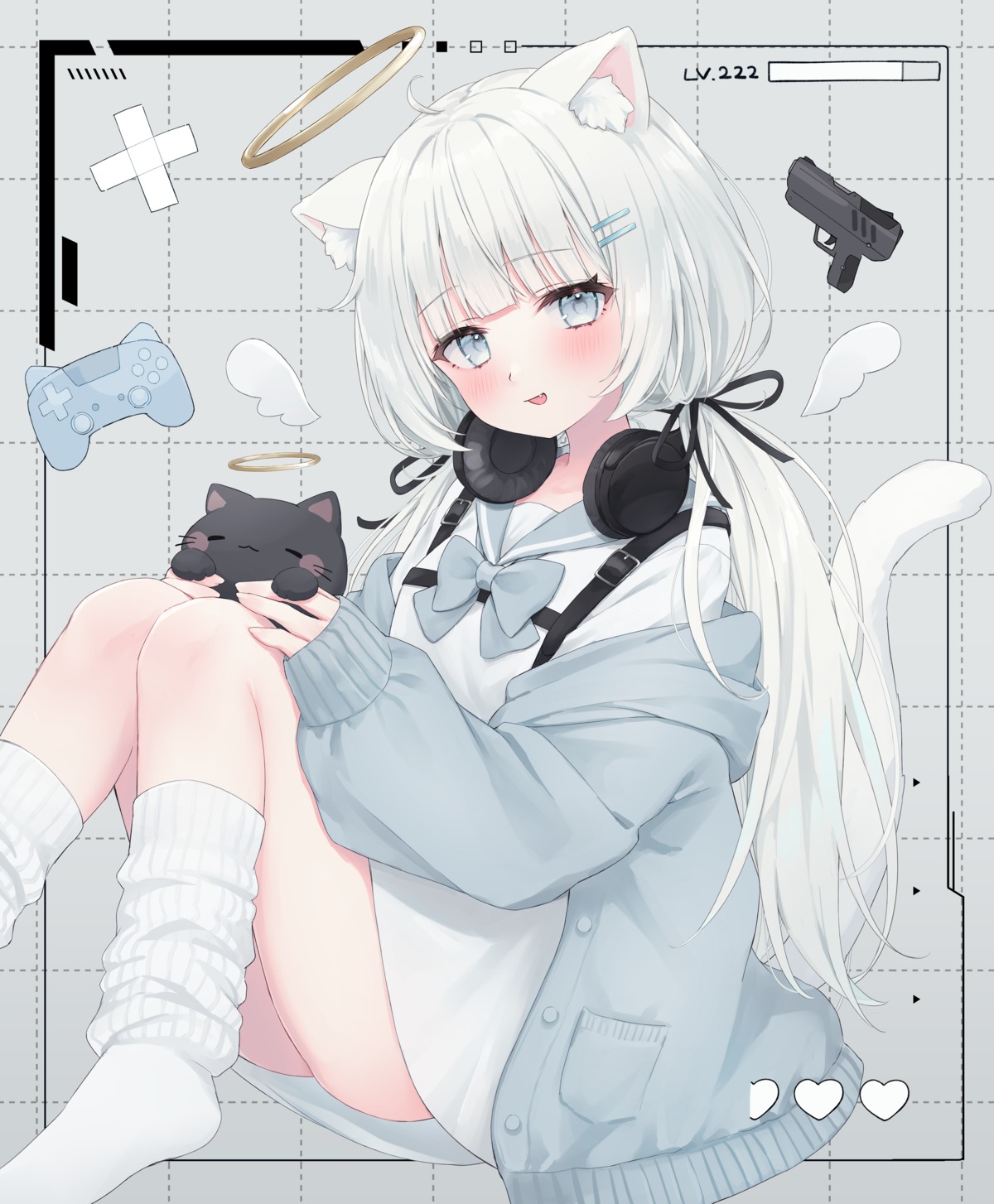 angel animal_ears bandaid gun headphones neko nekomimi seifuku shano_hiyori skirt_lift sweater tail wings