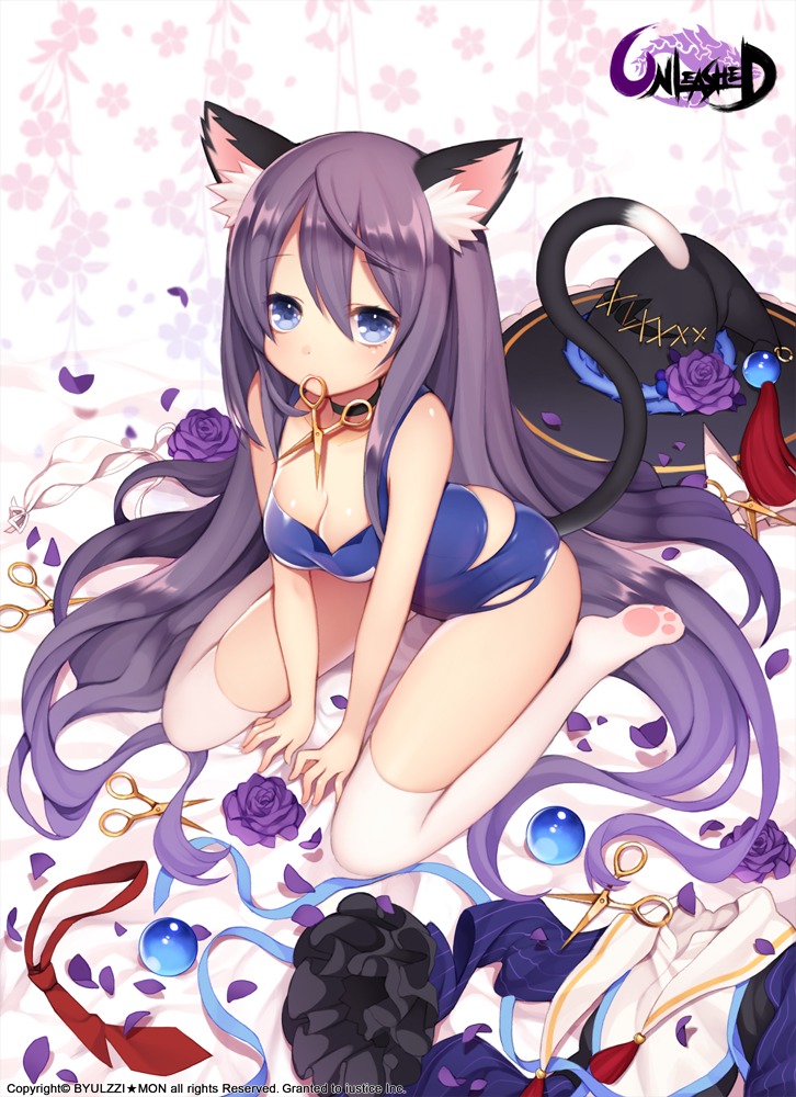 animal_ears byulzzi cleavage nekomimi school_swimsuit swimsuits tail thighhighs torn_clothes unleashed