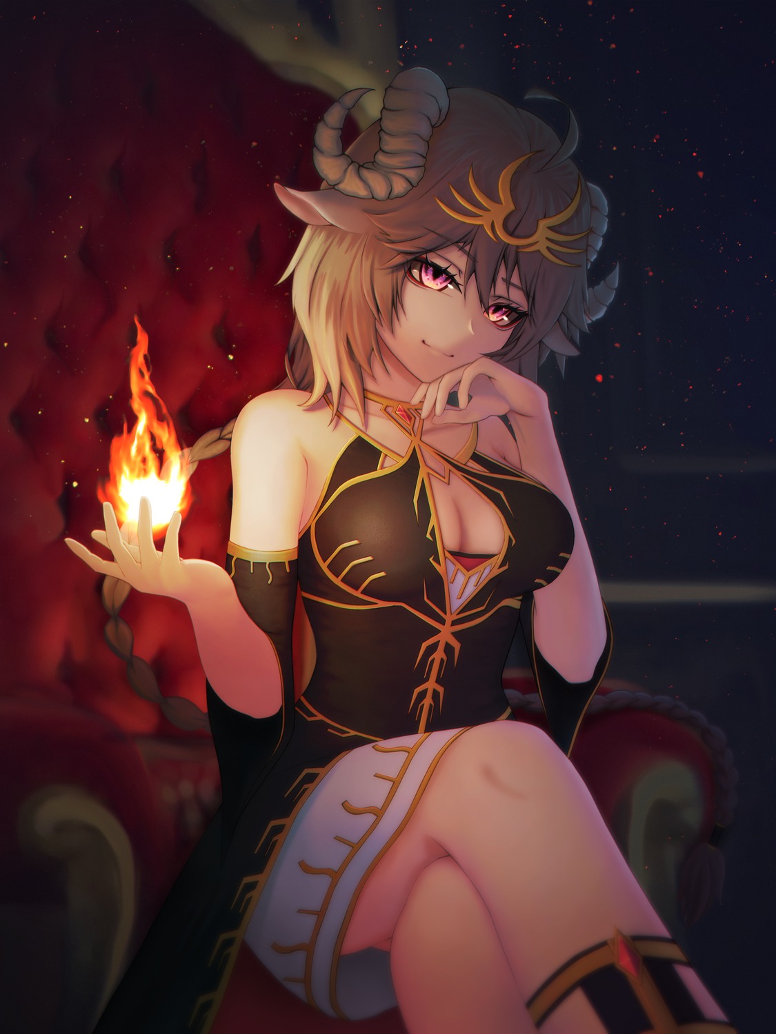 absurd_fox animal_ears arknights cleavage eyjafjalla_(arknights) horns