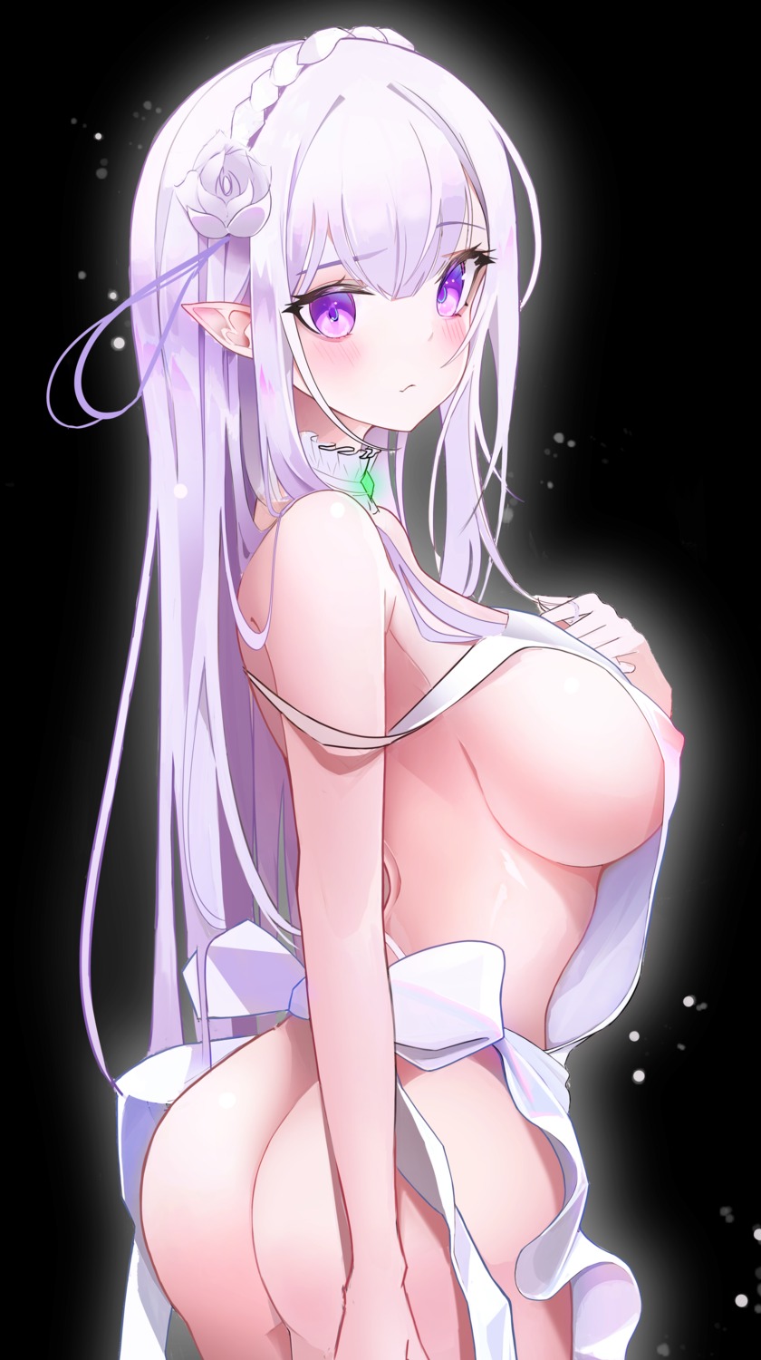 ass elf emilia_(re_zero) erect_nipples naked_apron pastelu pointy_ears re_zero_kara_hajimeru_isekai_seikatsu