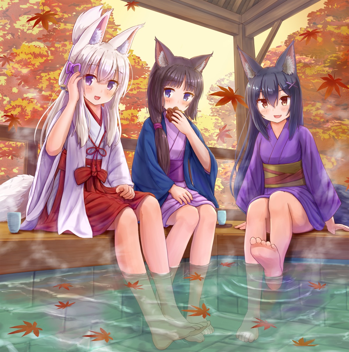 animal_ears feet iroha_(iroha_matsurika) kitsune miko nekomimi onsen skirt_lift tail wet yukata