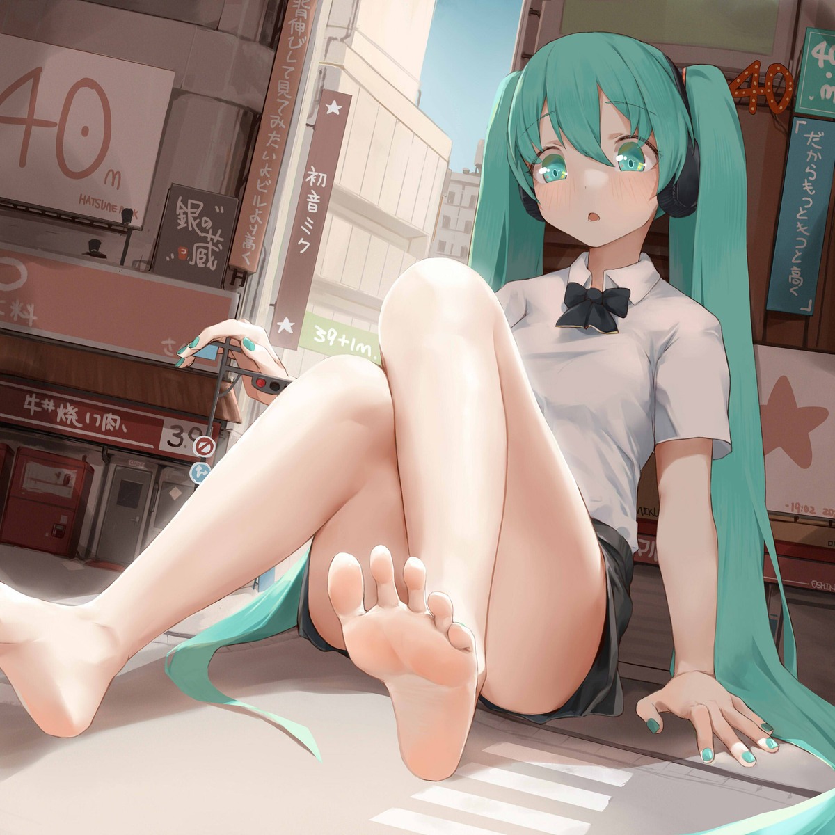 feet hatsune_miku headphones oshin0_(zheng) seifuku skirt_lift vocaloid