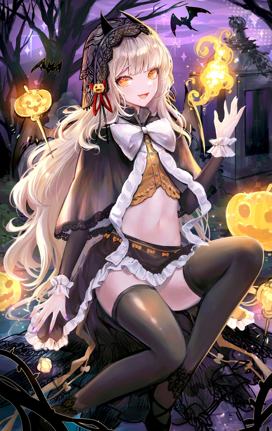 clearpage fishnets halloween horns skirt_lift thighhighs