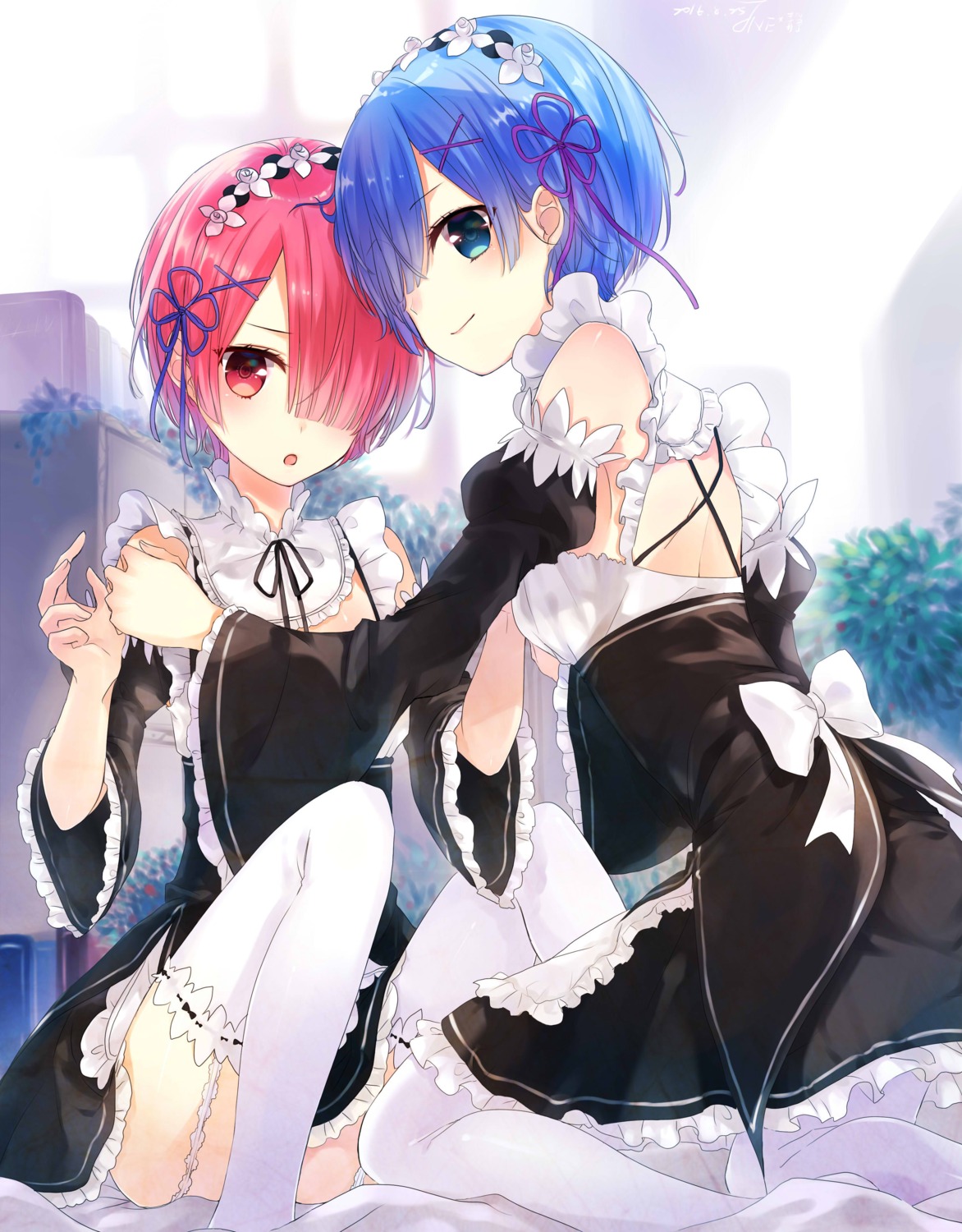 jne maid ram_(re_zero) re_zero_kara_hajimeru_isekai_seikatsu rem_(re_zero) stockings thighhighs