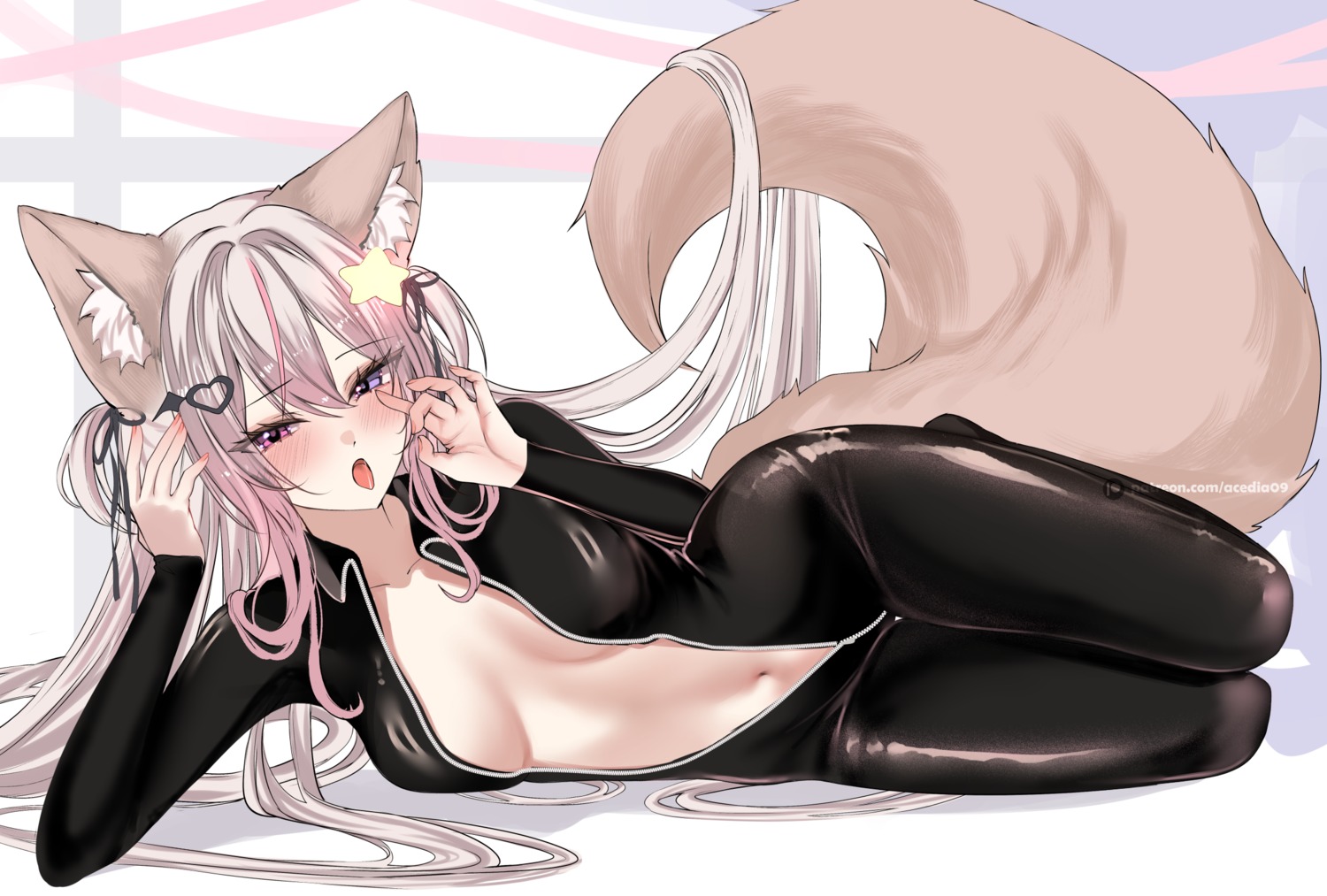 acedia animal_ears bodysuit heterochromia no_bra open_shirt tail