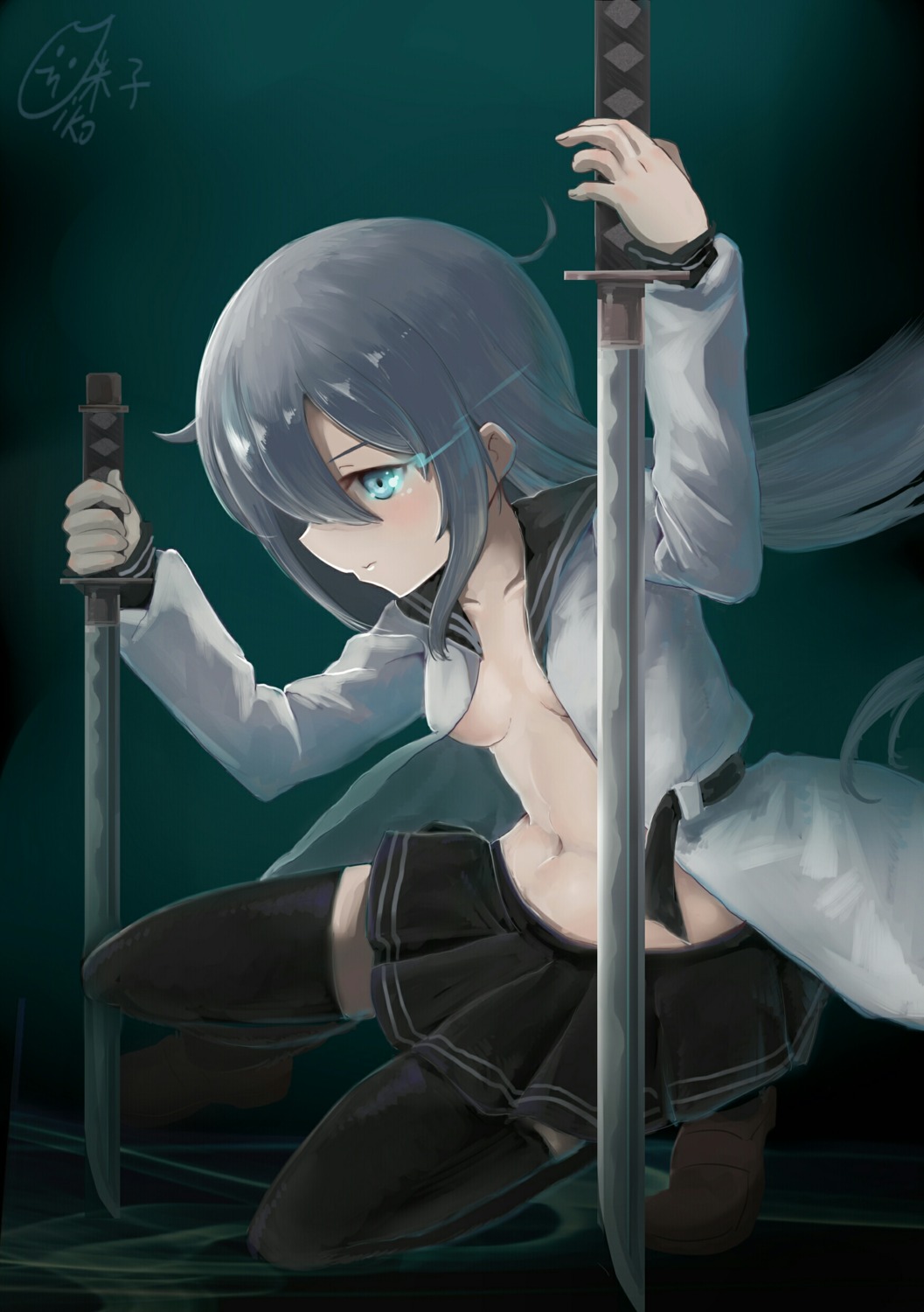 hibiki_(kancolle) kantai_collection no_bra open_shirt seifuku sword thighhighs verniy_(kancolle) yonago_miko