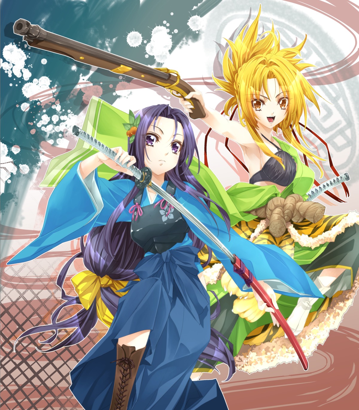 akechi_mitsuhide akechi_mitsuhide_(nobuna) bra gun ichikawa_ryuunosuke japanese_clothes oda_nobuna oda_nobuna_no_yabou oda_nobunaga open_shirt sword