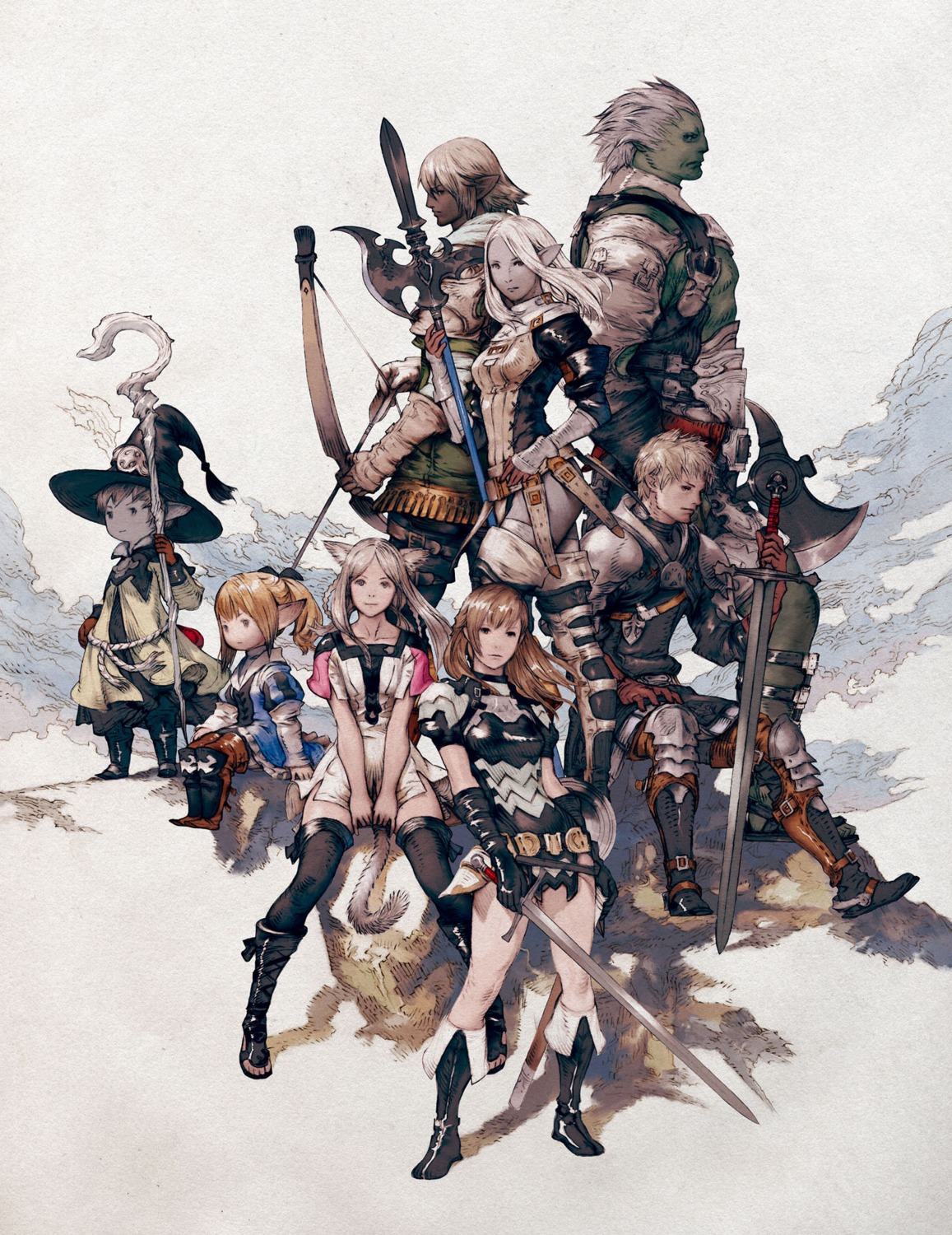 animal_ears armor final_fantasy final_fantasy_xiv paper_texture sword tail thighhighs yoshida_akihiko