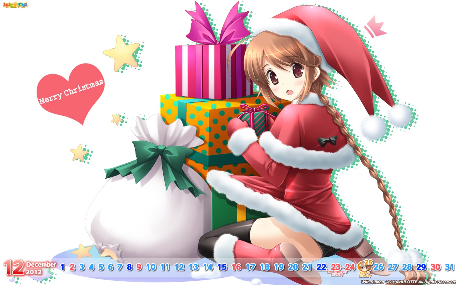 calendar christmas hinata_kuon hulotte ikegami_akane pantsu thighhighs wallpaper with_ribbon