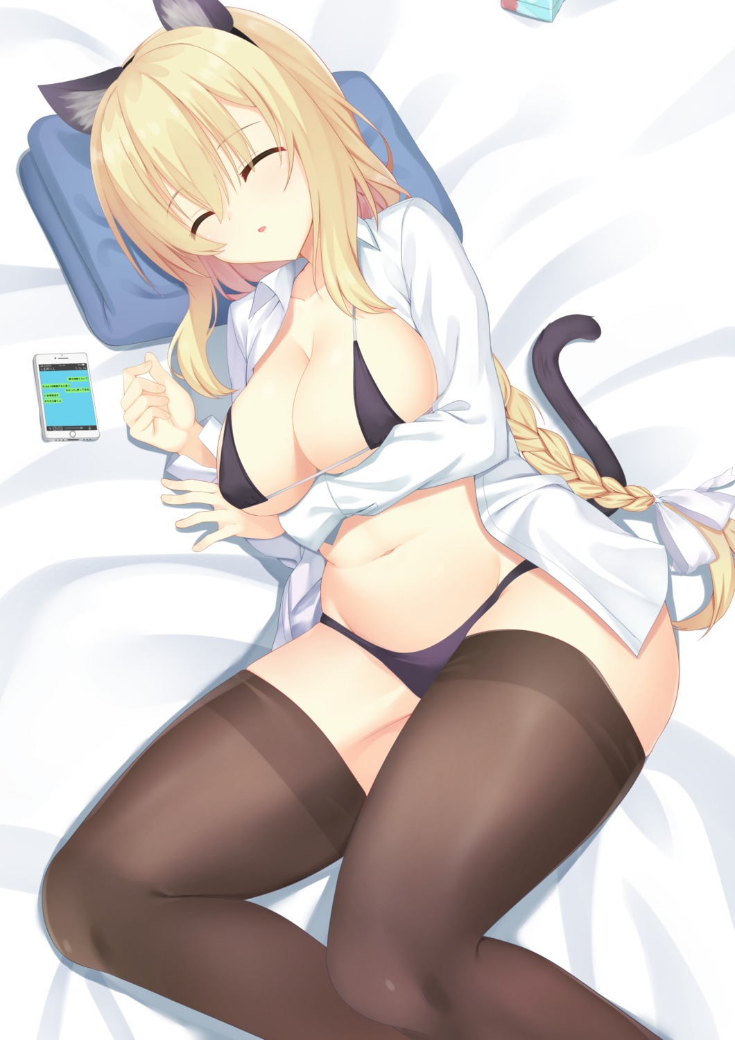 animal_ears bra dress_shirt nekomimi no_bra open_shirt pantsu tail thighhighs yappe