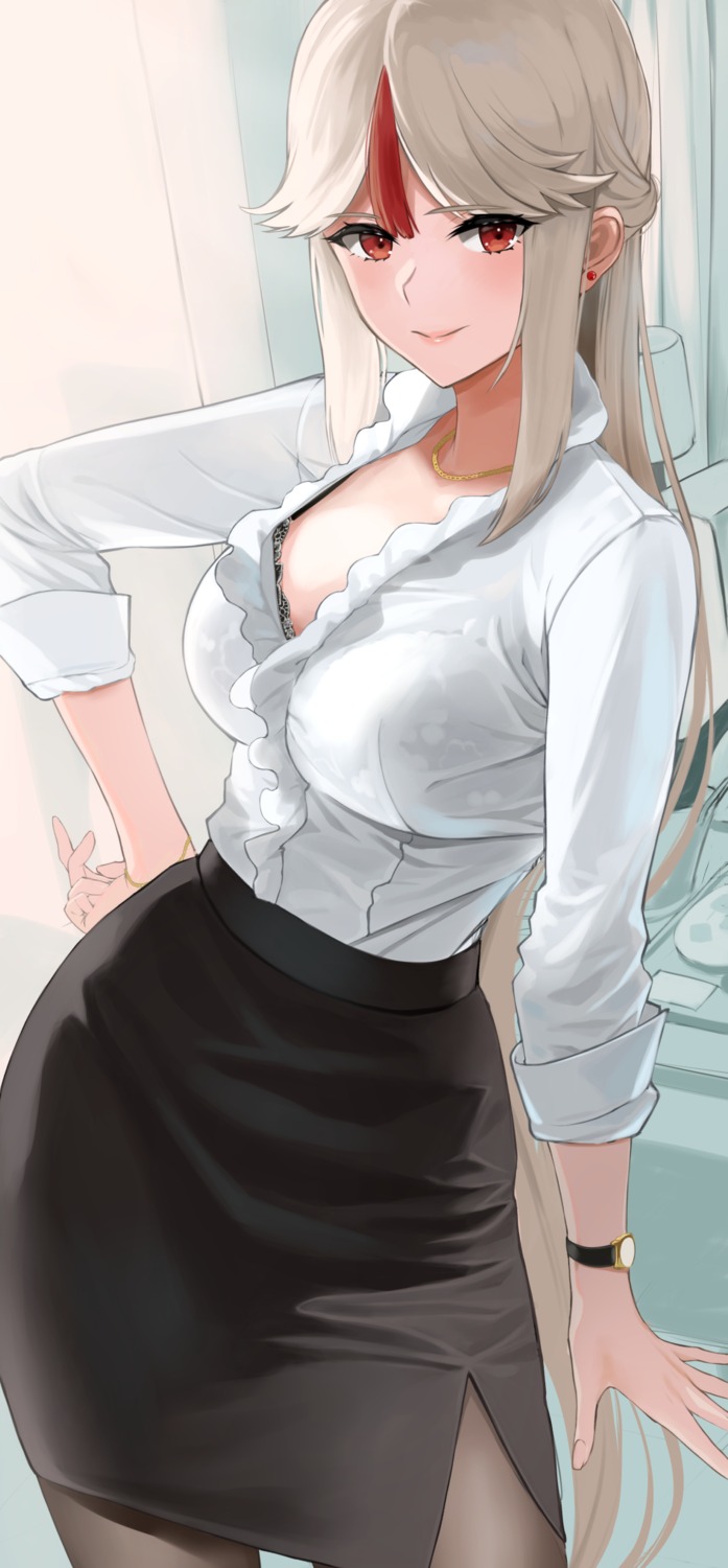 bra dai00888 dress_shirt genshin_impact ningguang open_shirt pantyhose see_through